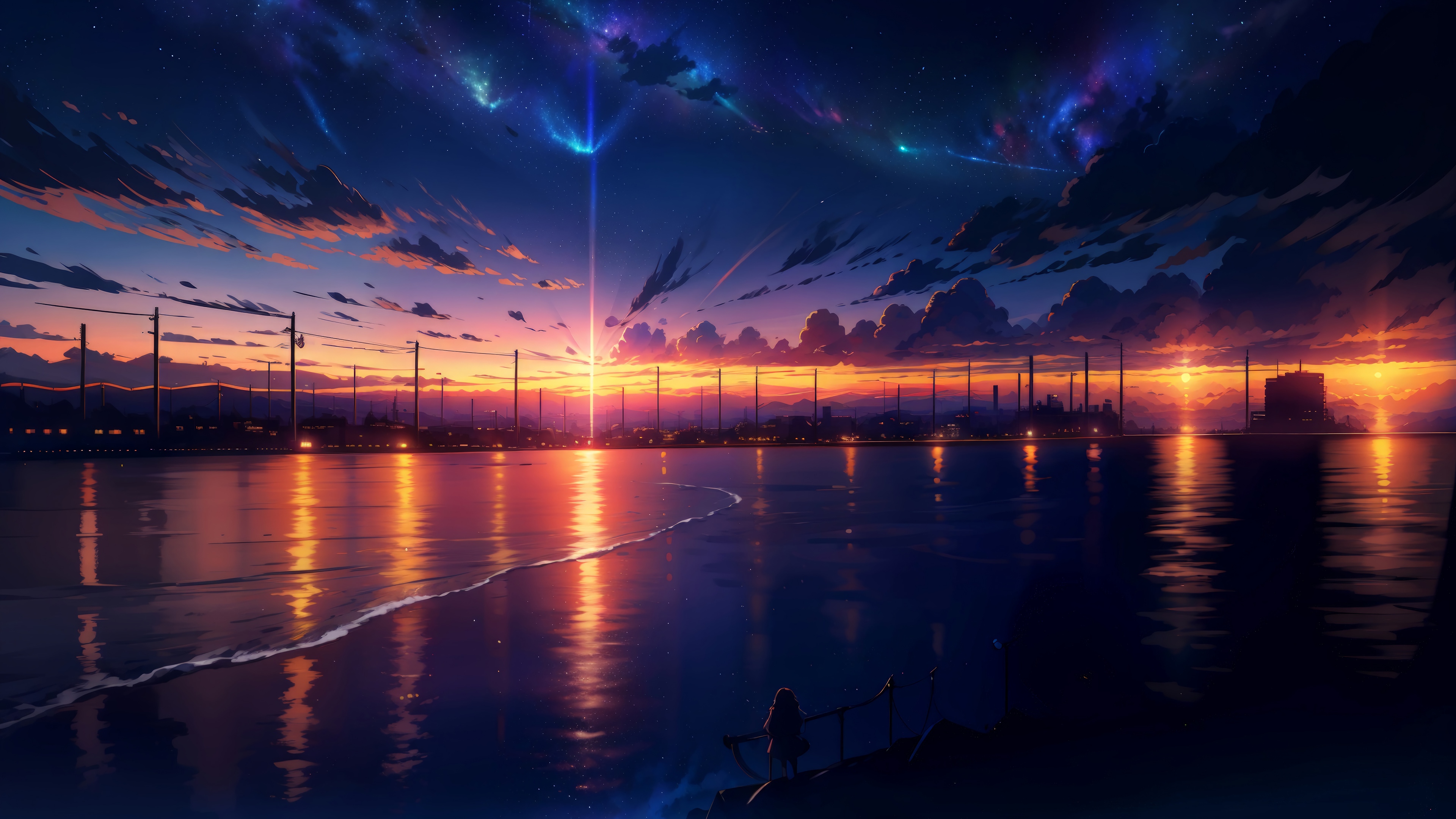 Anime Sunset Scenery with Stars and Reflections HD Wallpaper