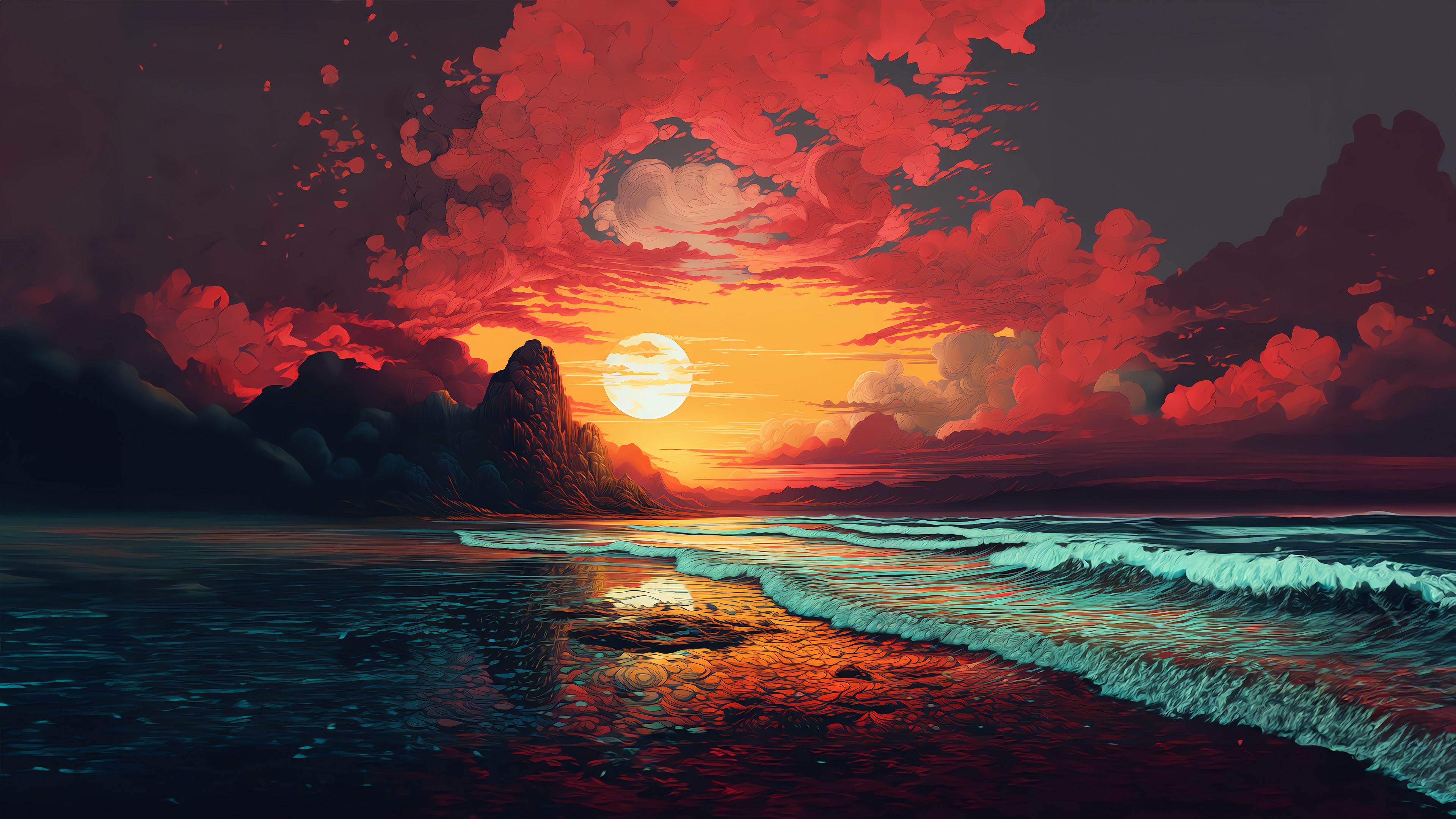 Sunset over the ocean coast with waves and mountains 4K HD Wallpaper