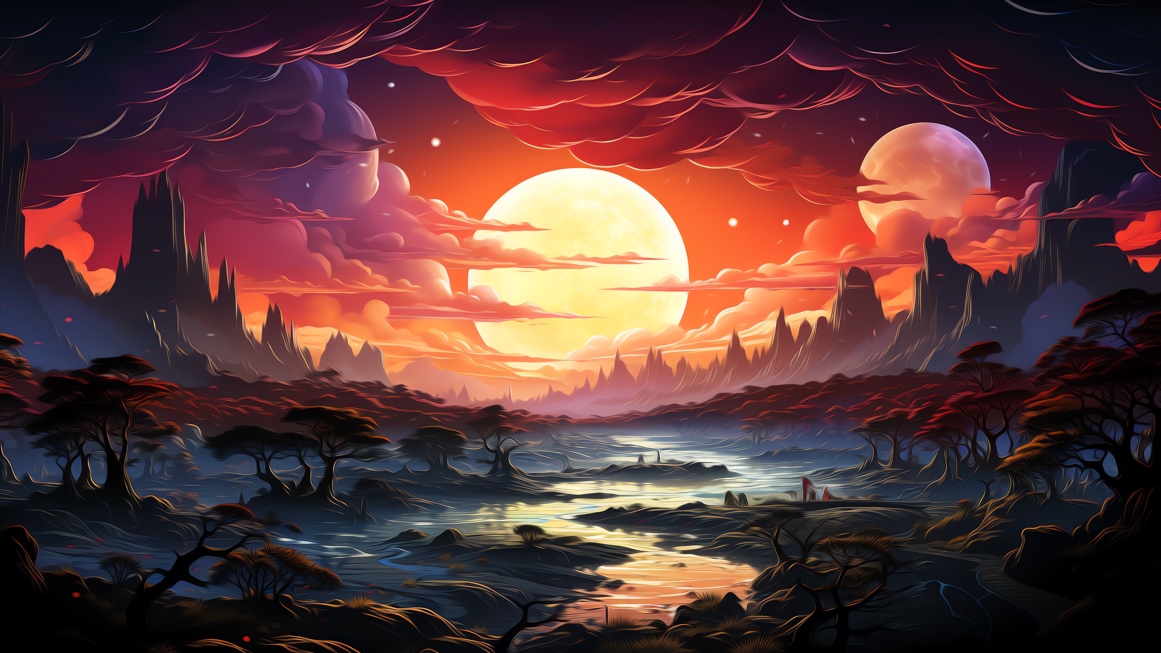 Digital Art Landscape with Sunset and River 4K HD Wallpaper