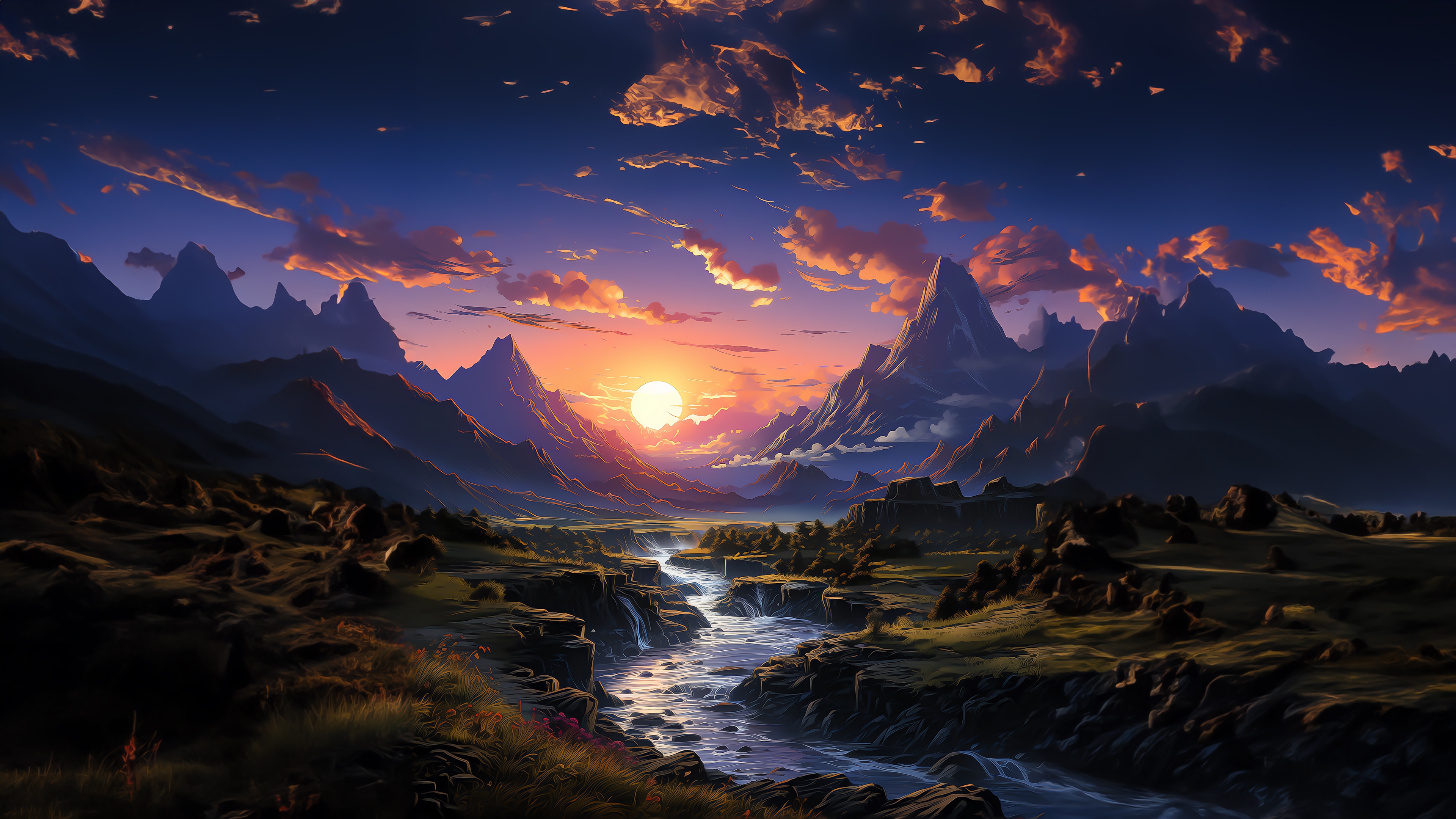 Sunrise over a mountain river landscape 4K HD Wallpaper