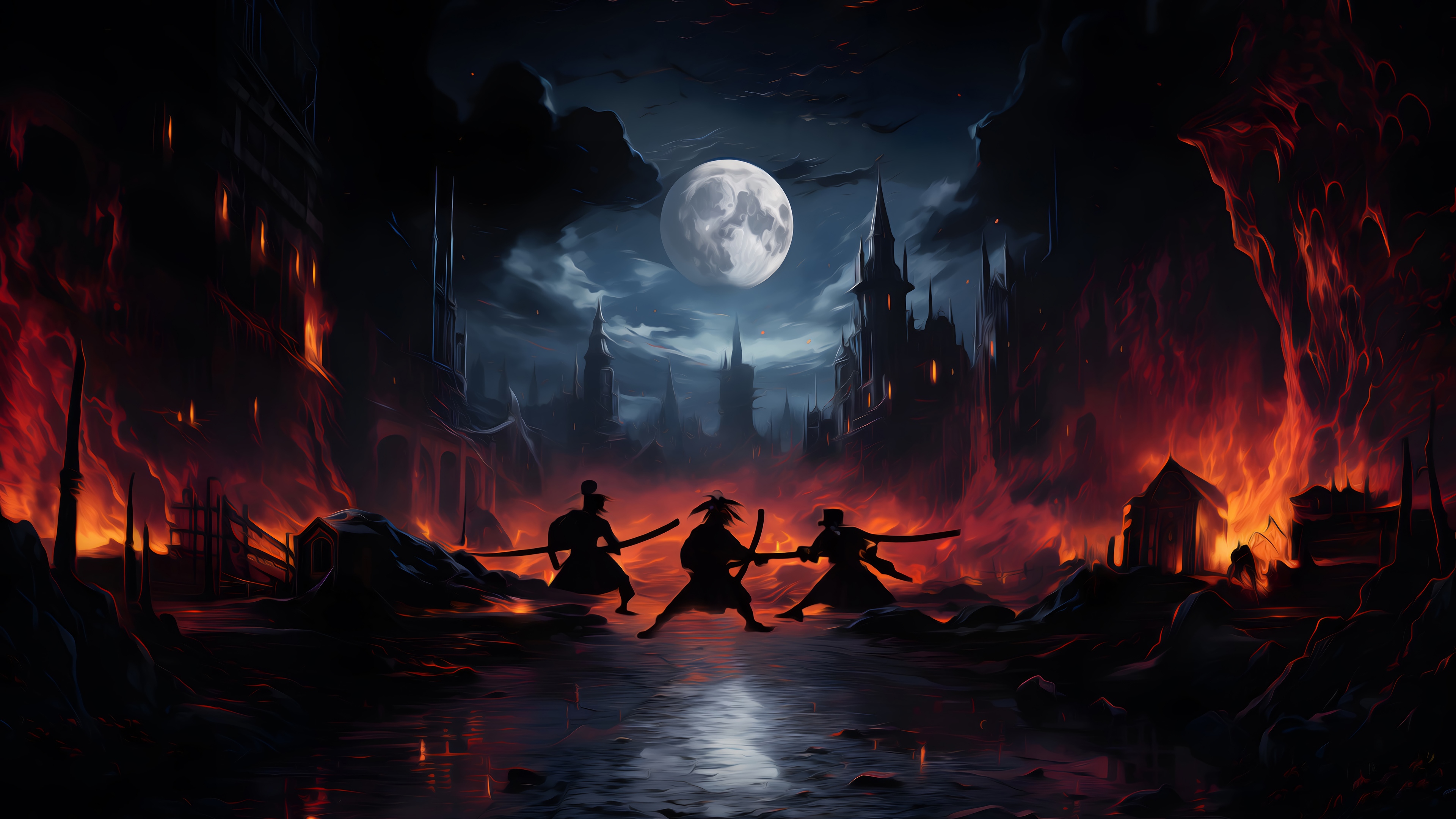 Samurai Battle Under the Moon in a Burning City 4K HD Wallpaper