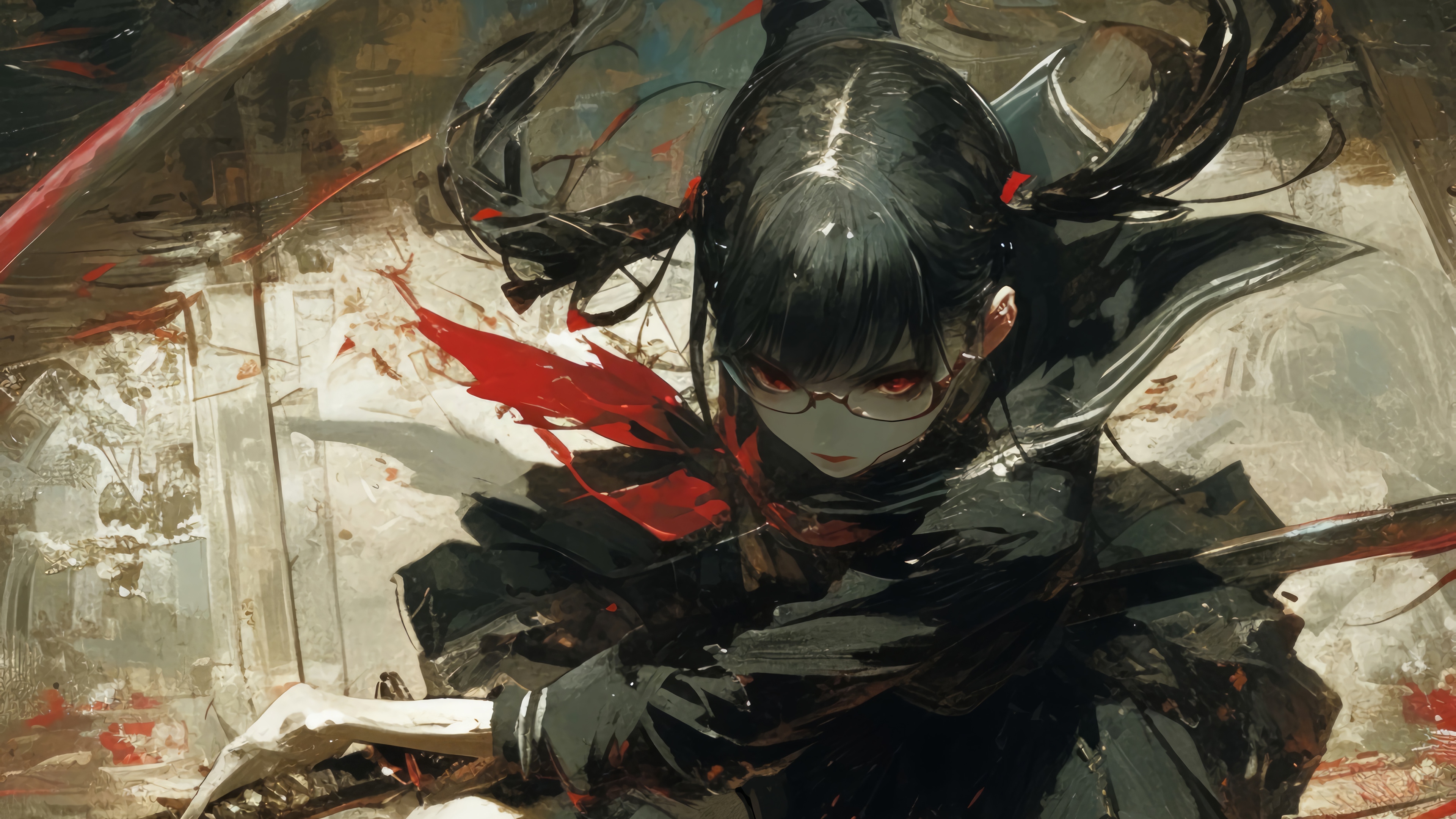 Anime Girl with Katana and Glasses 4K HD Wallpaper