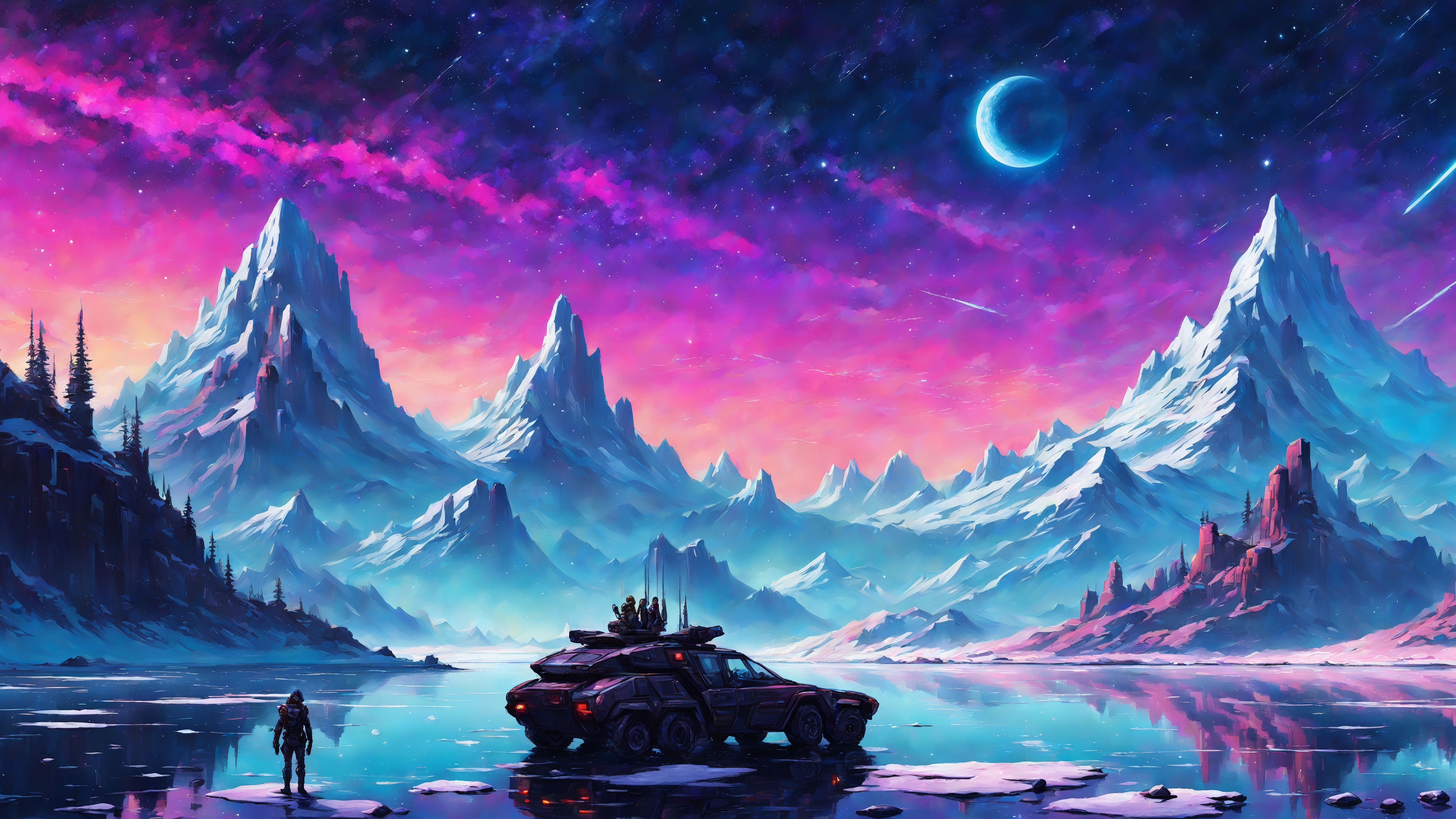 Sci-fi vehicle and astronaut on a snowy alien planet HD Wallpaper