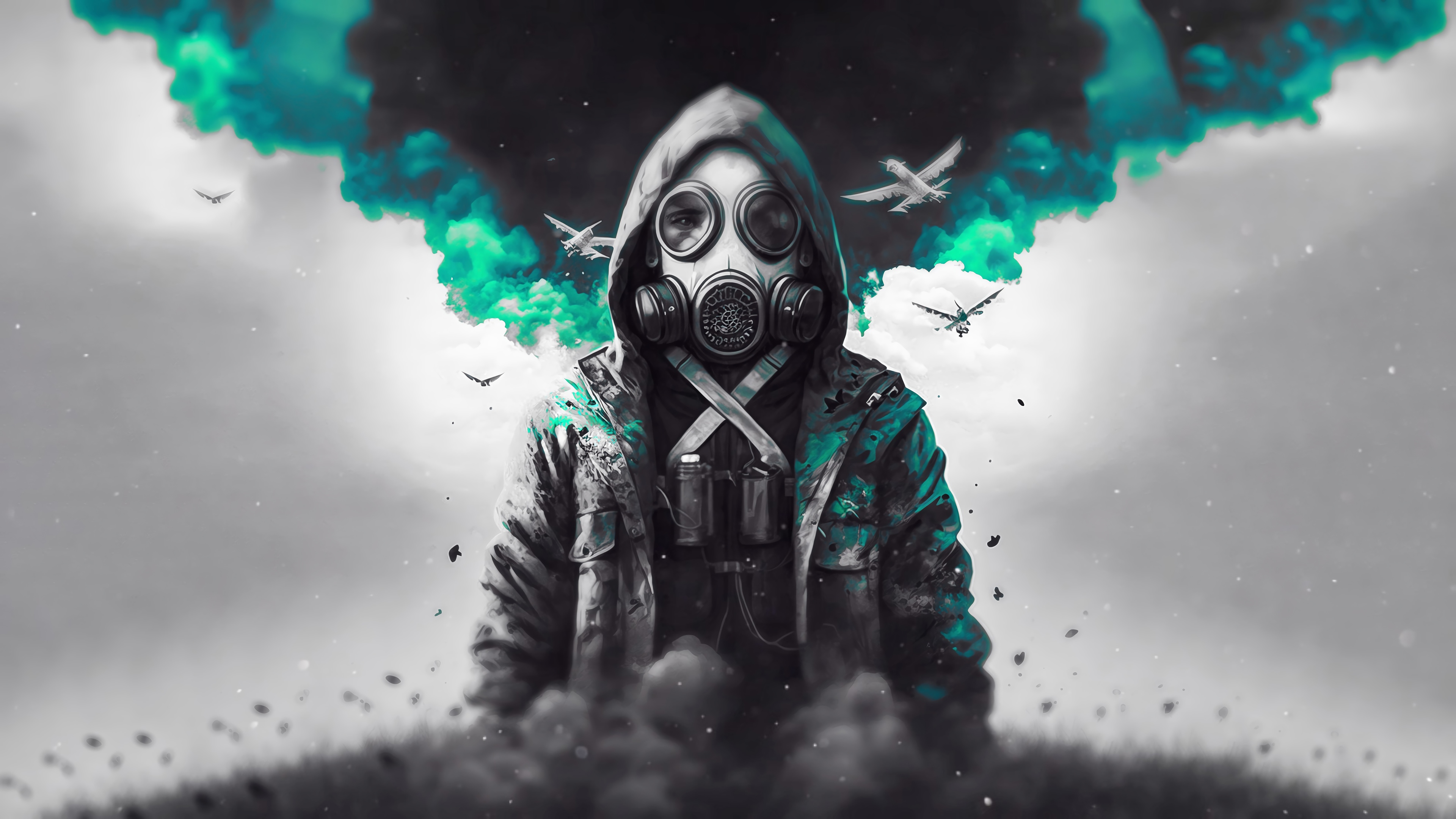 Man in Gas Mask with Teal Smoke and Birds HD Wallpaper