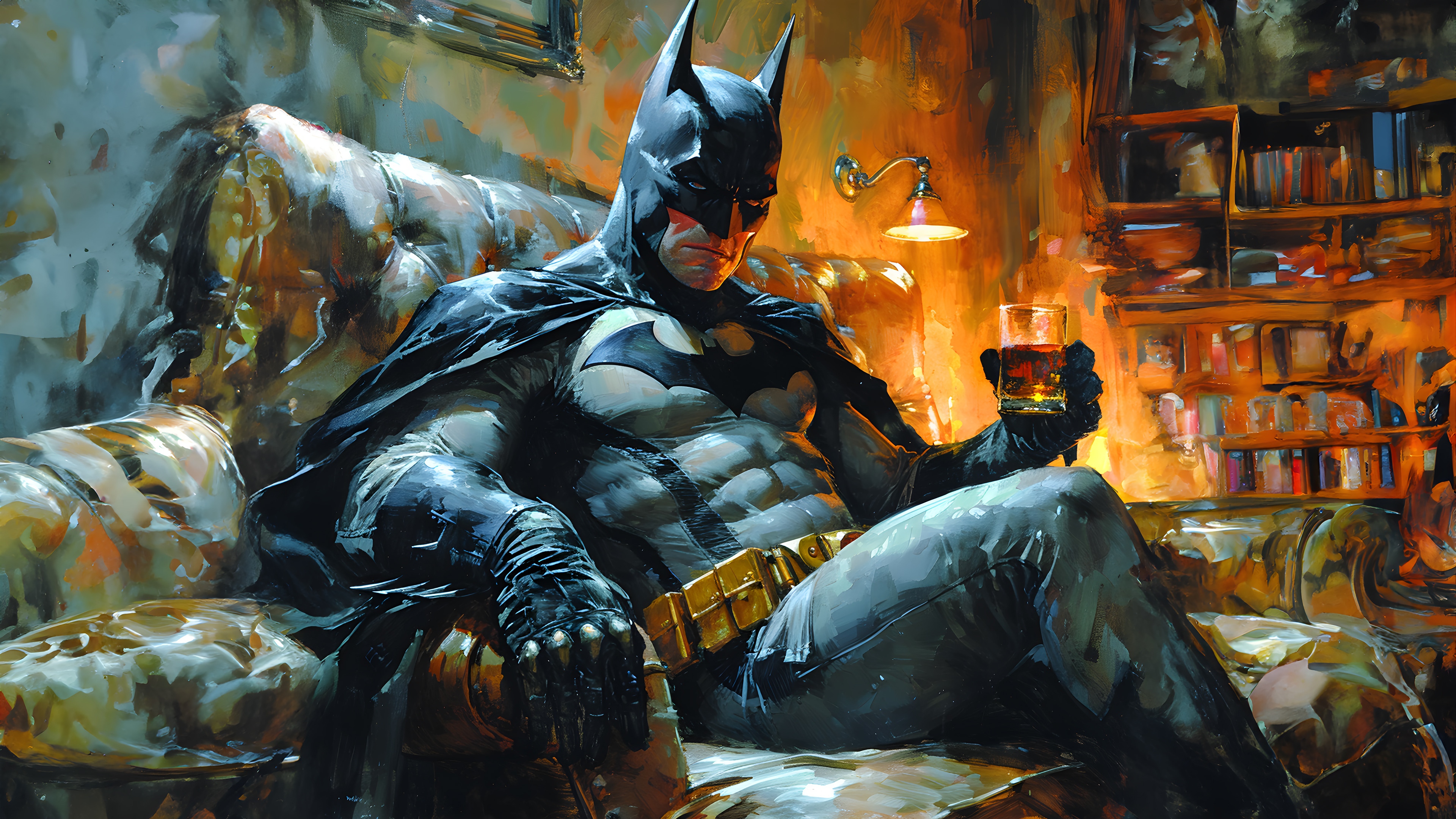 Batman sitting in a chair with a drink HD Wallpaper