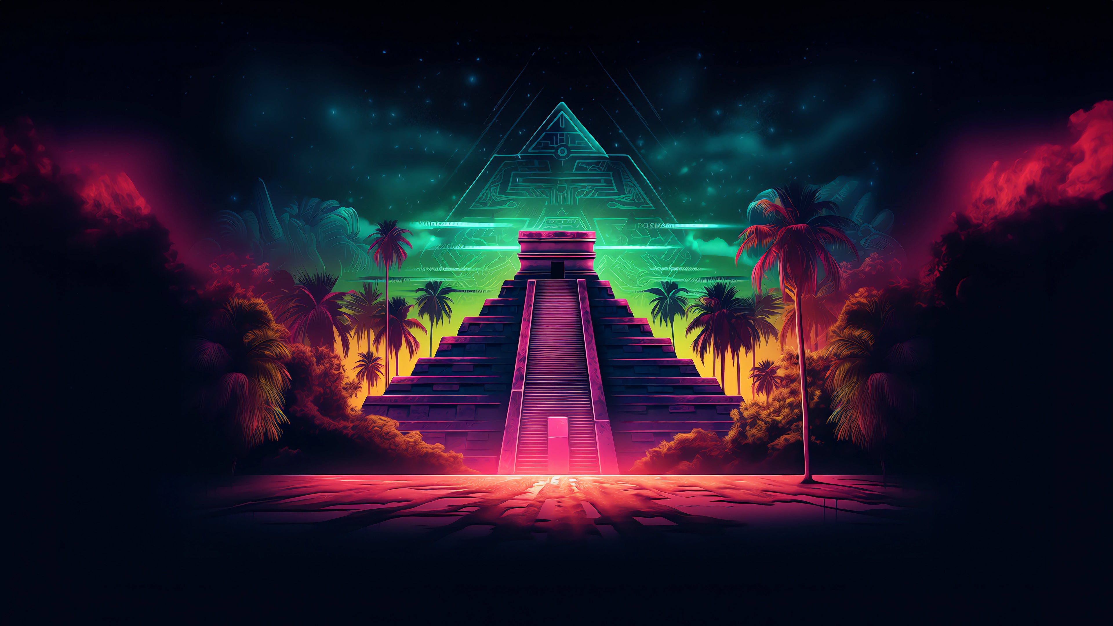 Aztec Pyramid with Palm Trees and Geometric Sky HD Wallpaper