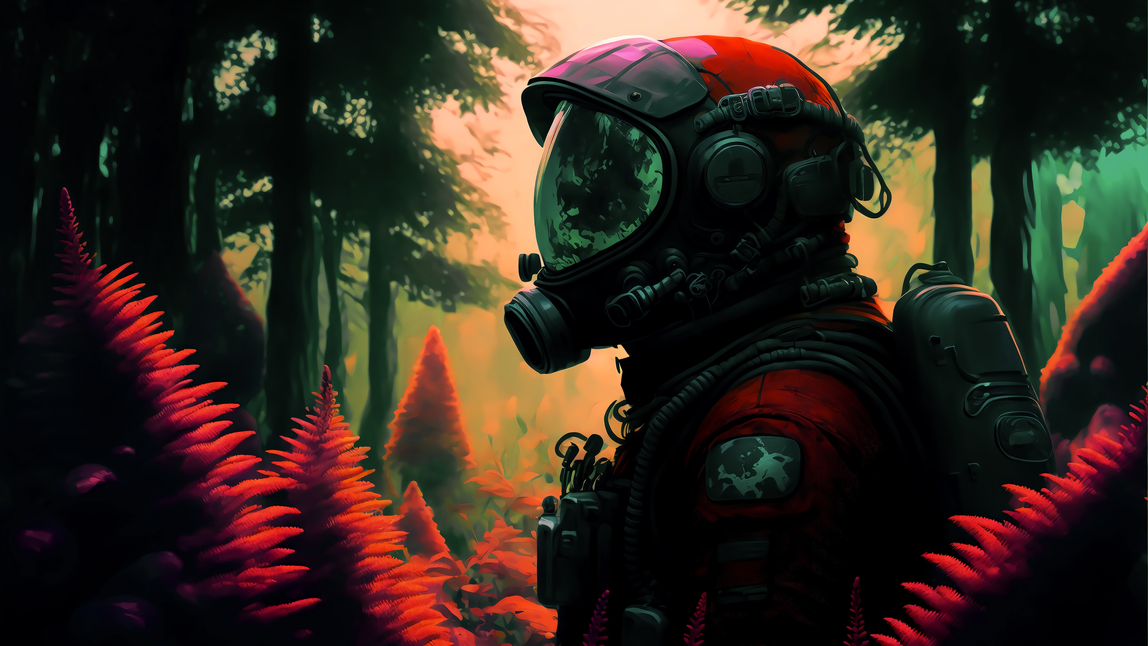 Astronaut in a red suit in a forest HD Wallpaper