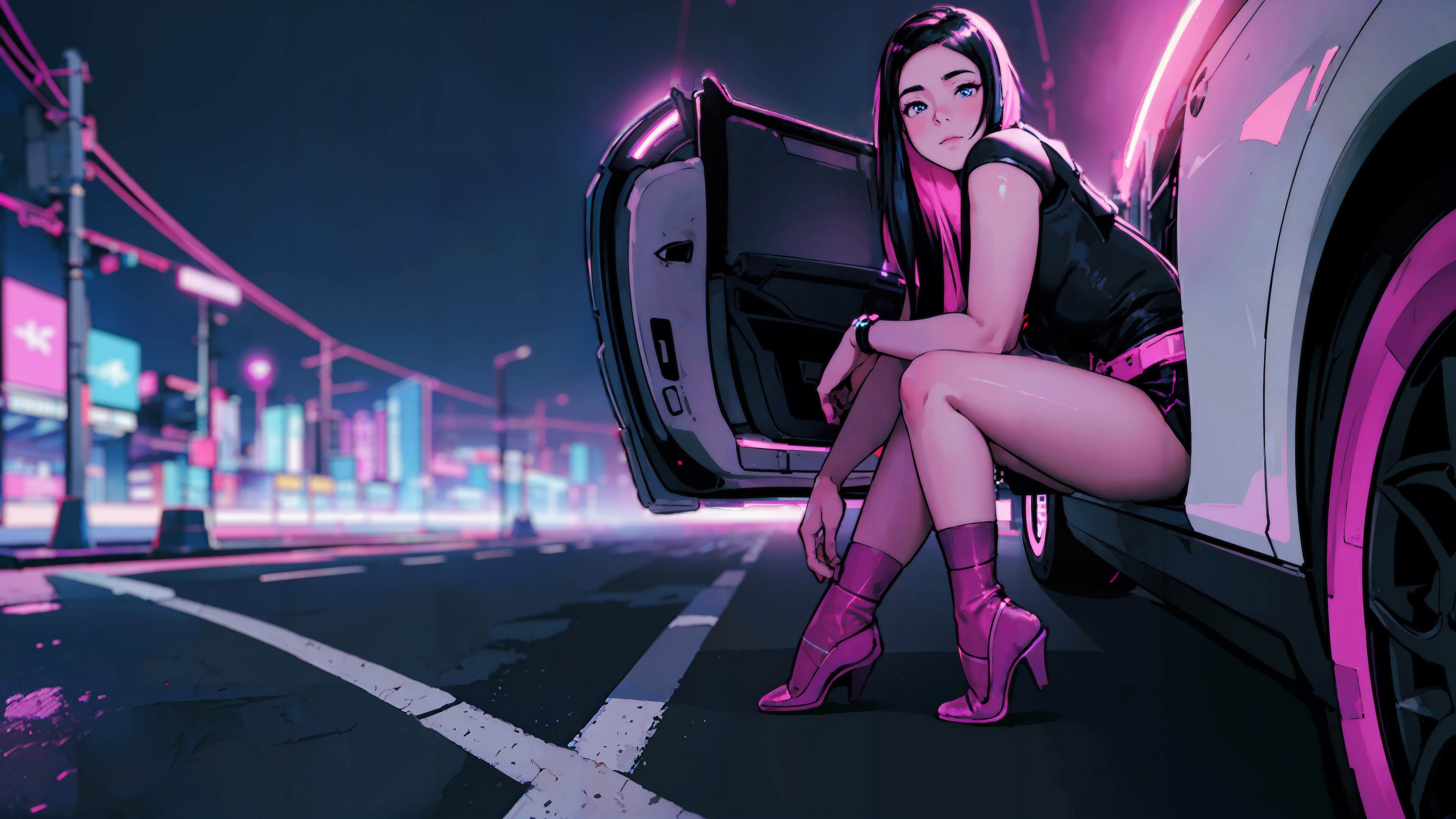 Anime Girl in Pink Boots by a Car at Night 4K HD Wallpaper
