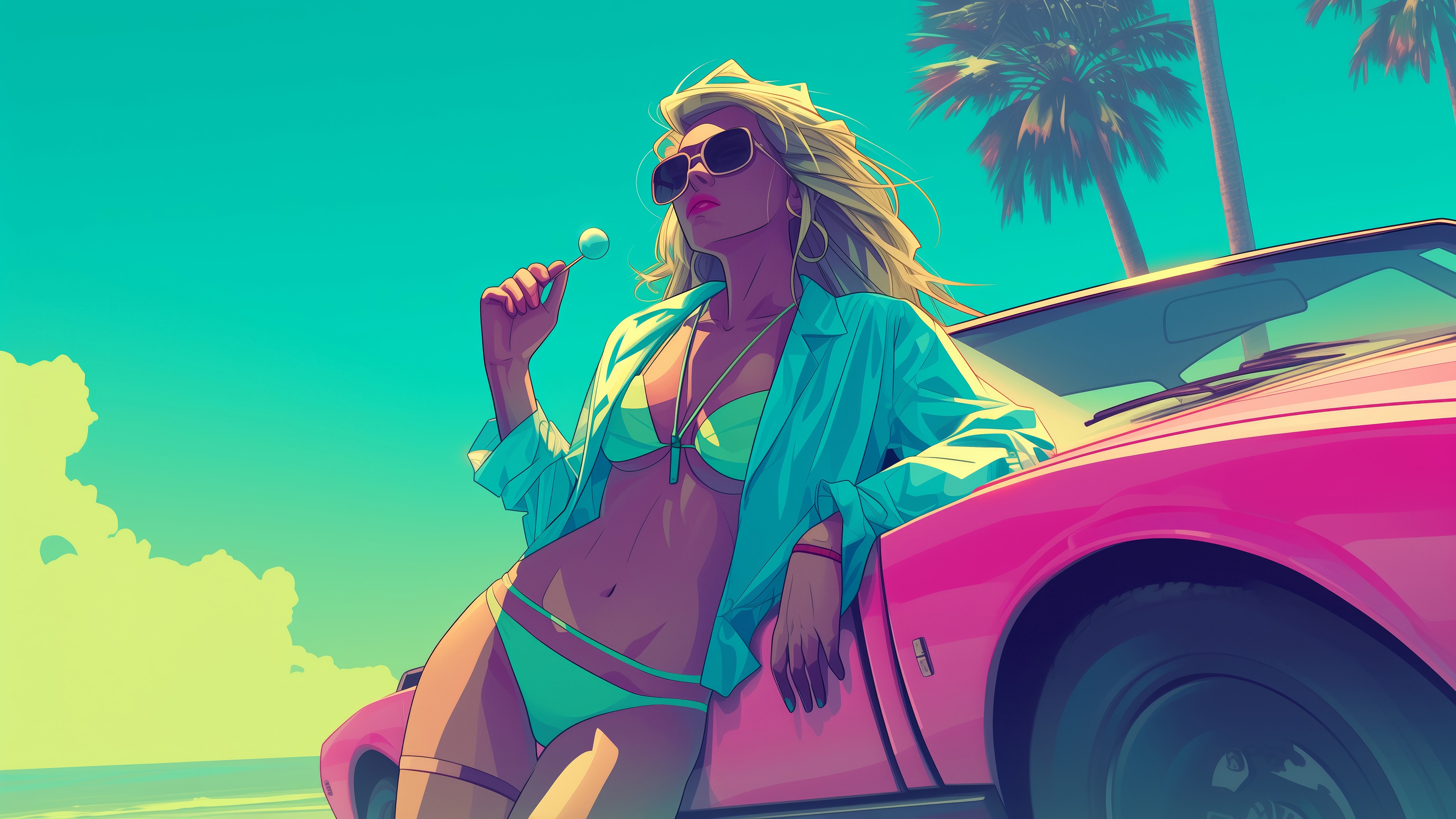 Girl in Bikini with Lollipop and Pink Car 4K HD Wallpaper