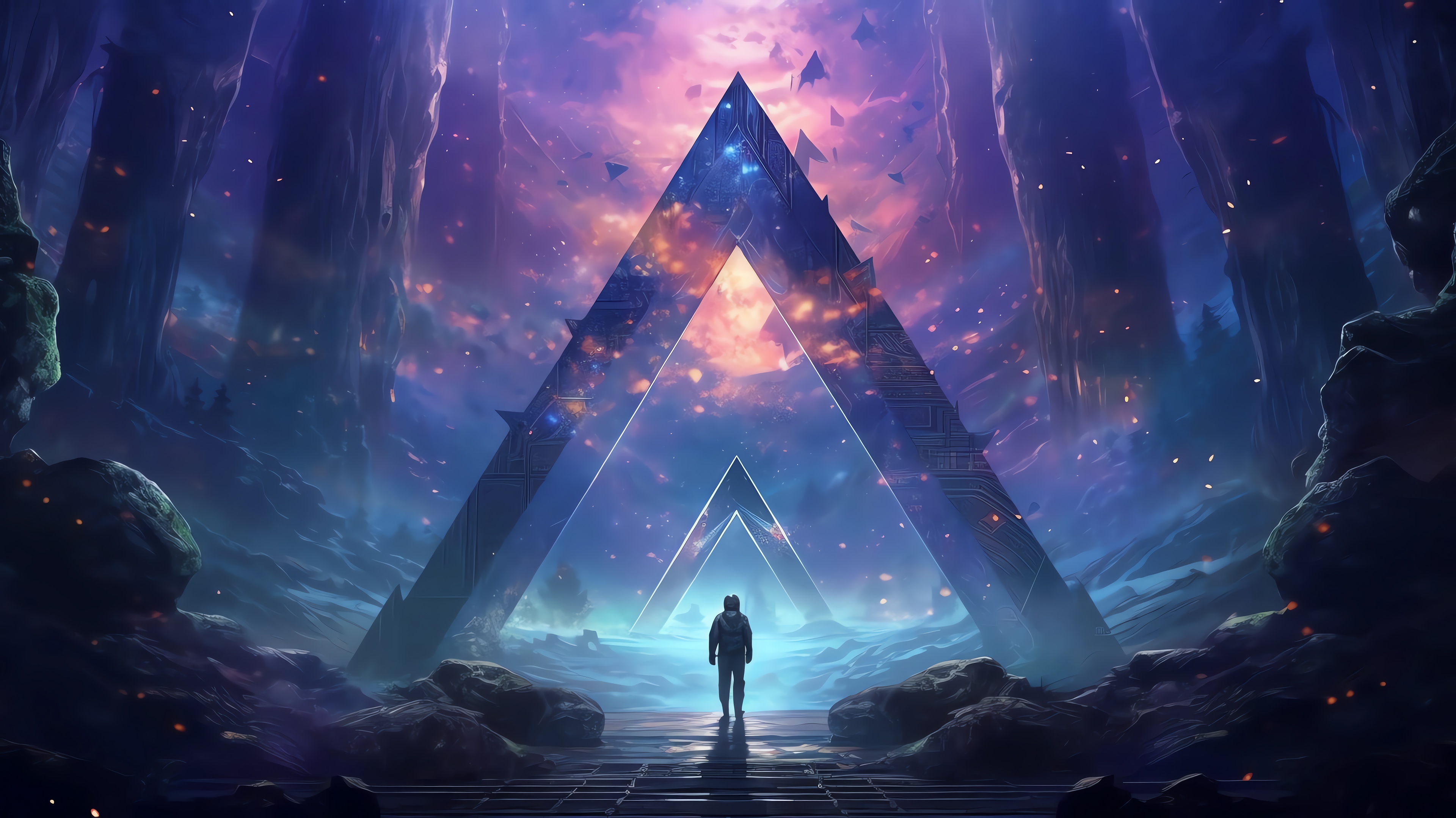Man in front of a giant pyramid in space 4K HD Wallpaper