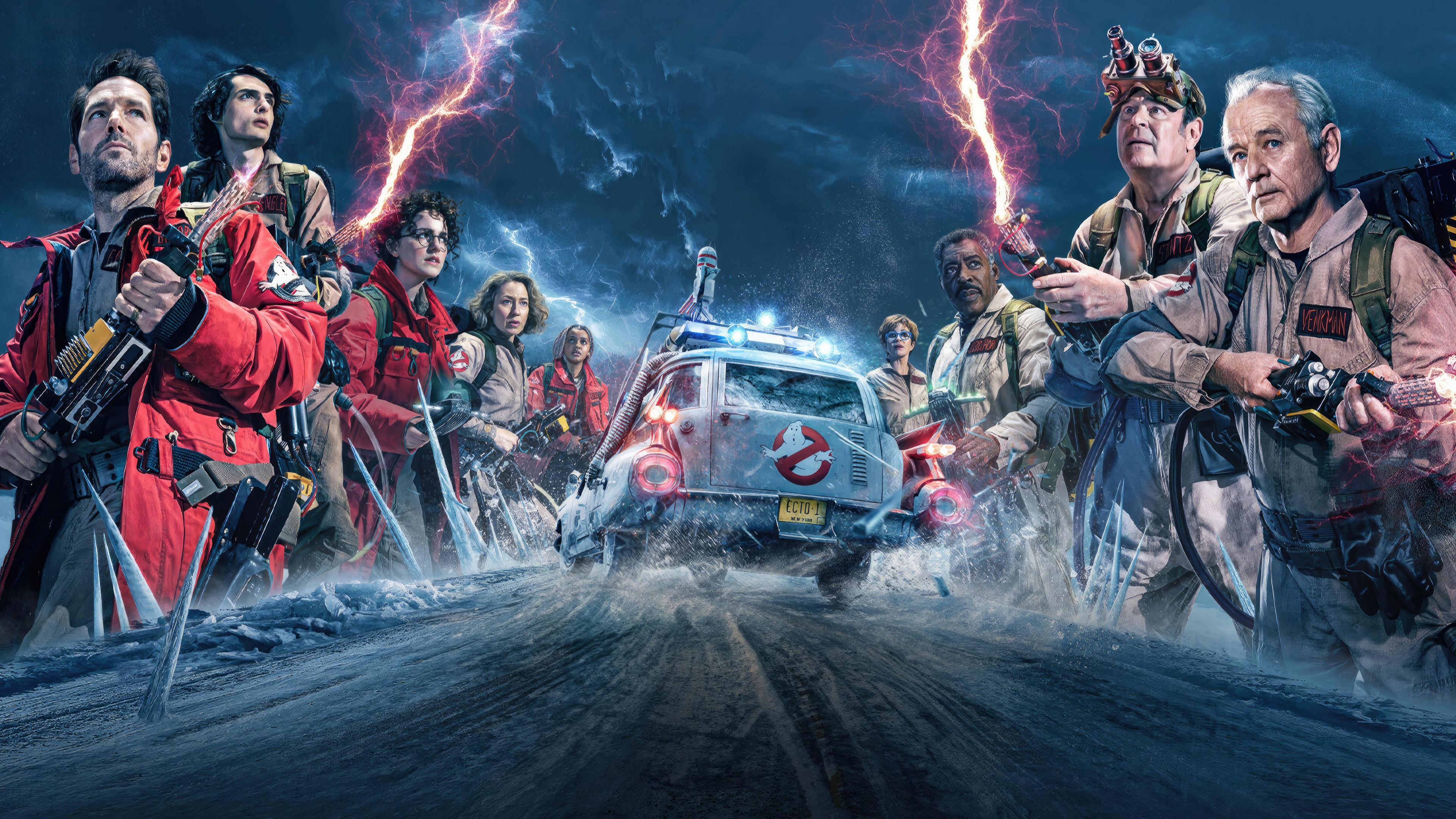 Ghostbusters: Frozen Empire Ectomobile and Team 4K HD Wallpaper