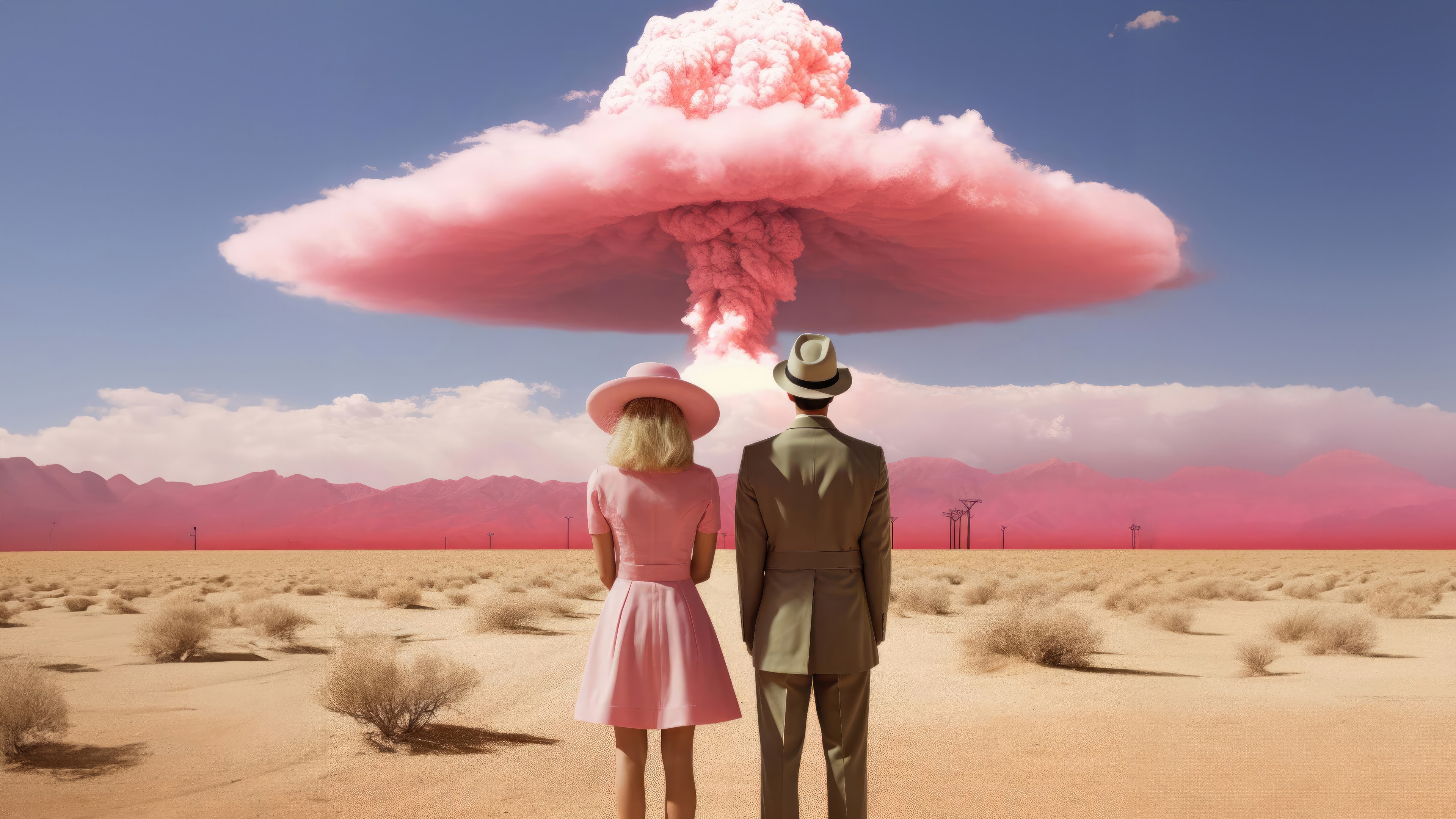 Oppenheimer and Barbie Watch a Pink Nuclear Explosion in 4K HD Wallpaper