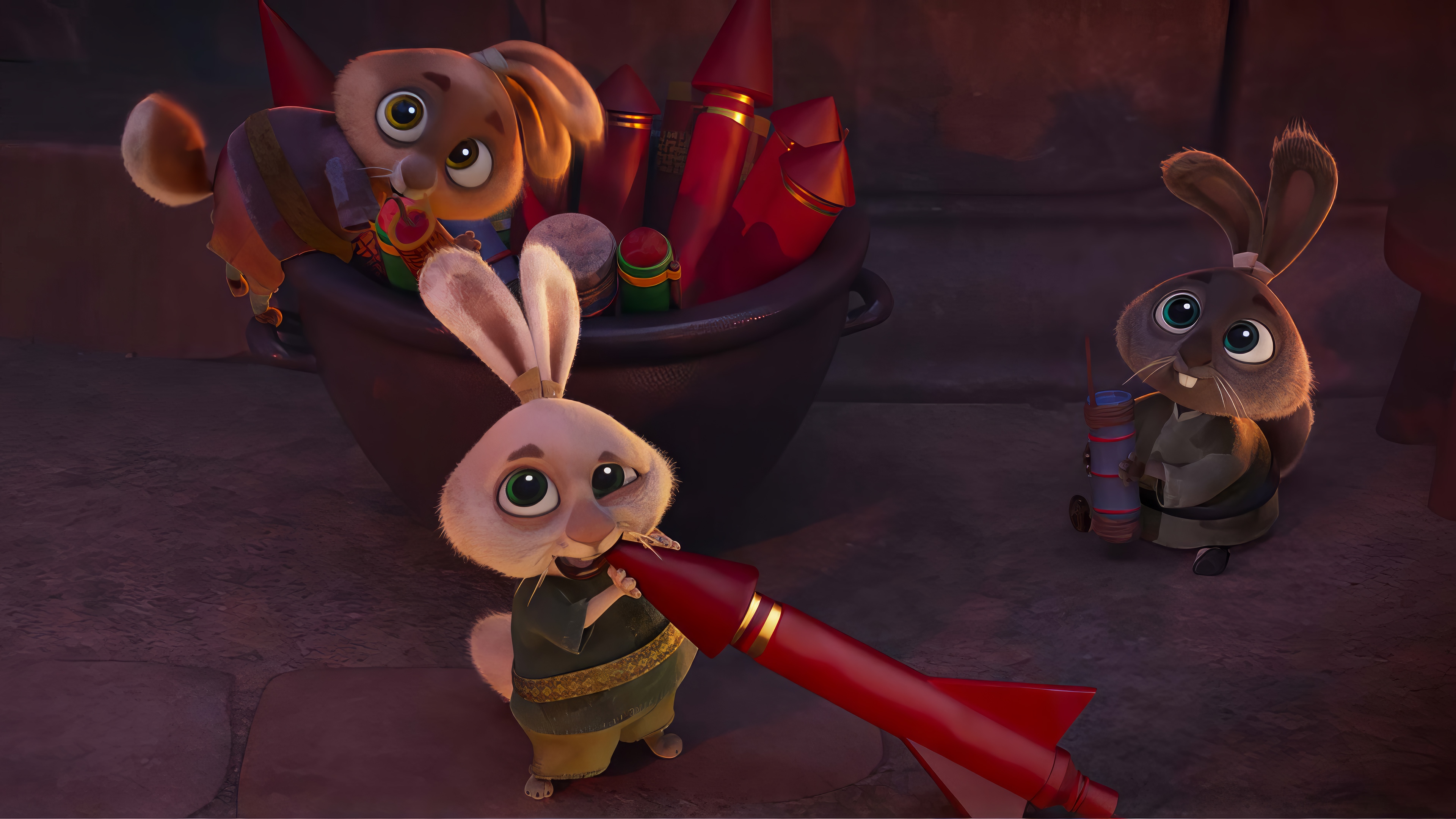 Kung Fu Panda 4 Rabbits with Fireworks HD Wallpaper