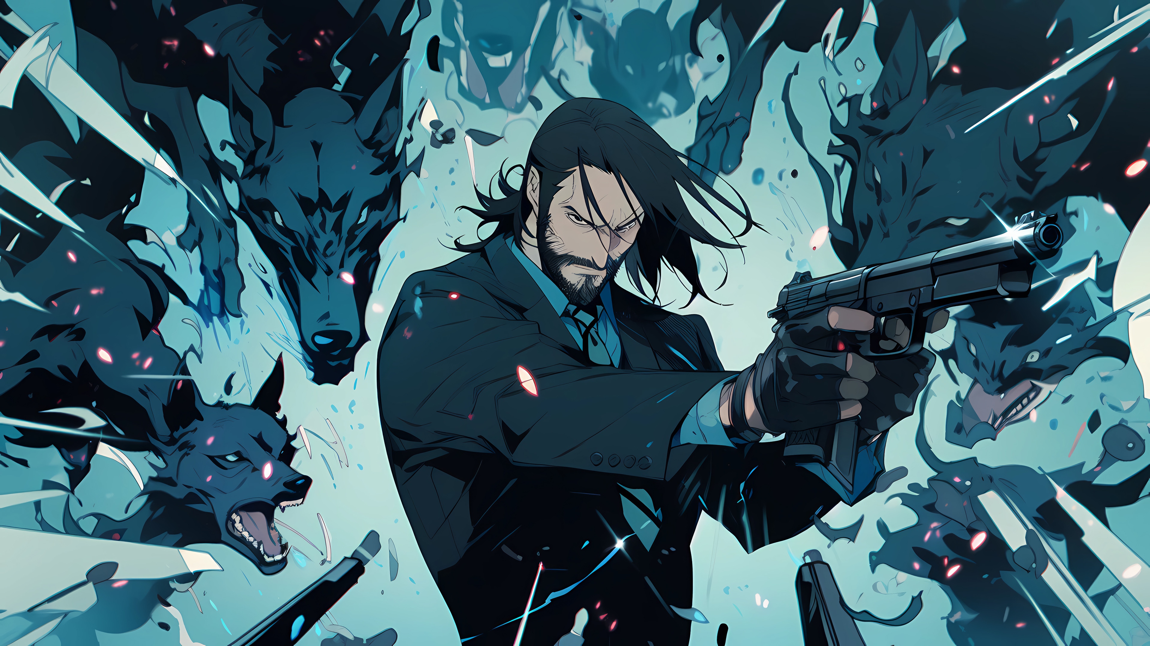 John Wick Anime Style with Attacking Wolves 4K HD Wallpaper