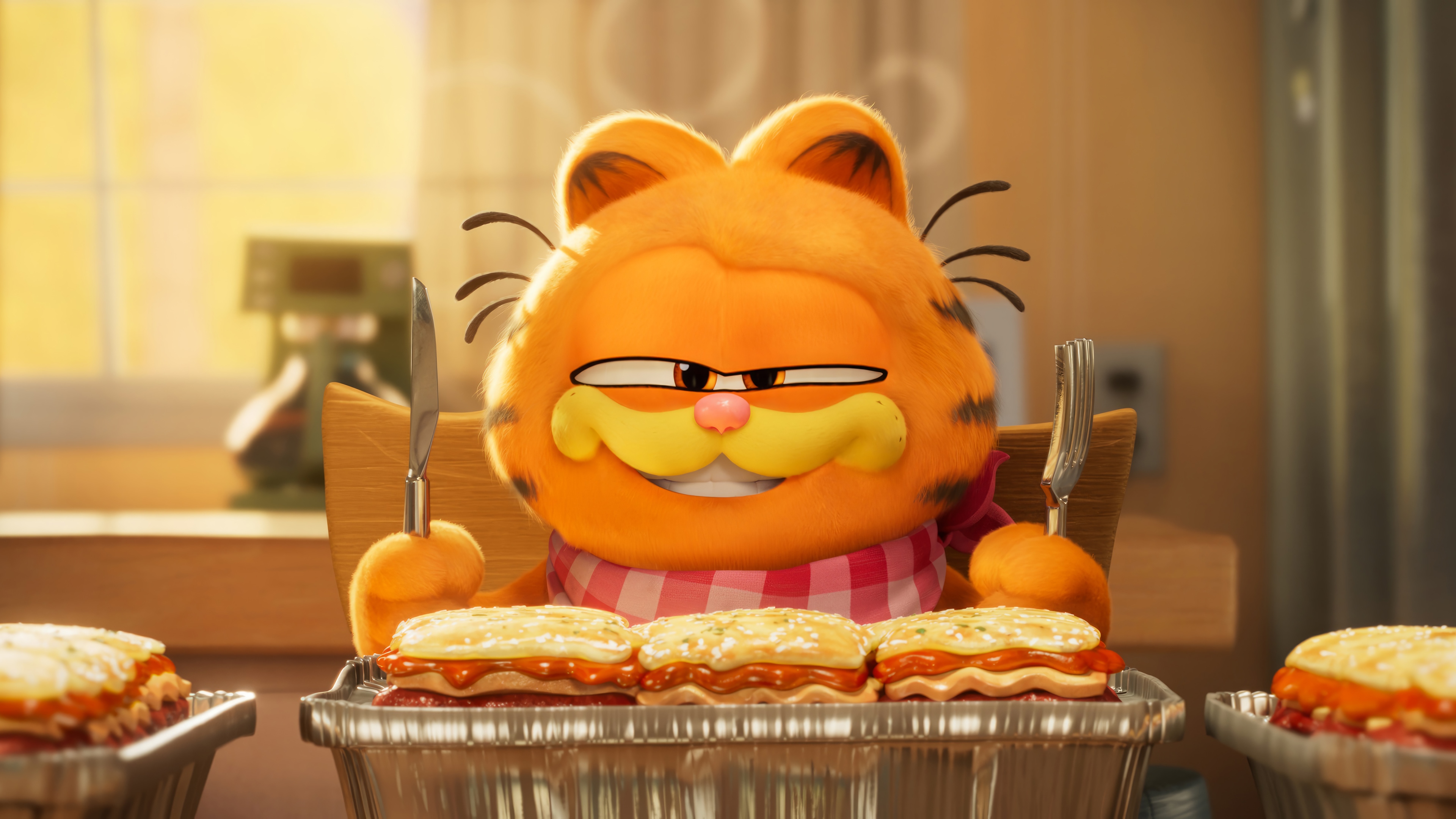 Garfield eating lasagna 4K HD Wallpaper