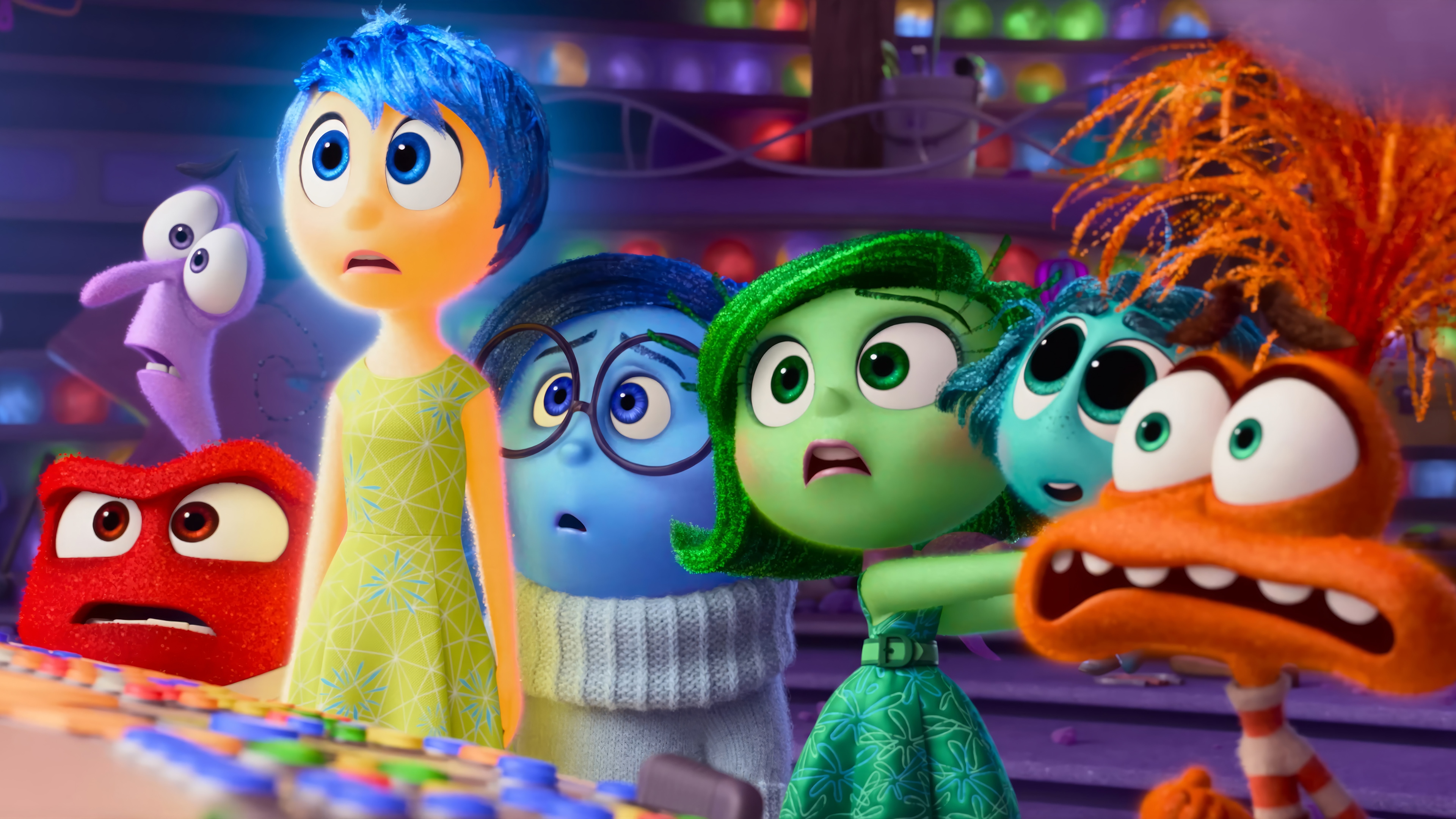 Inside Out 2 characters: Joy, Fear, Anger, Sadness, Disgust, Envy, Anxiety HD Wallpaper