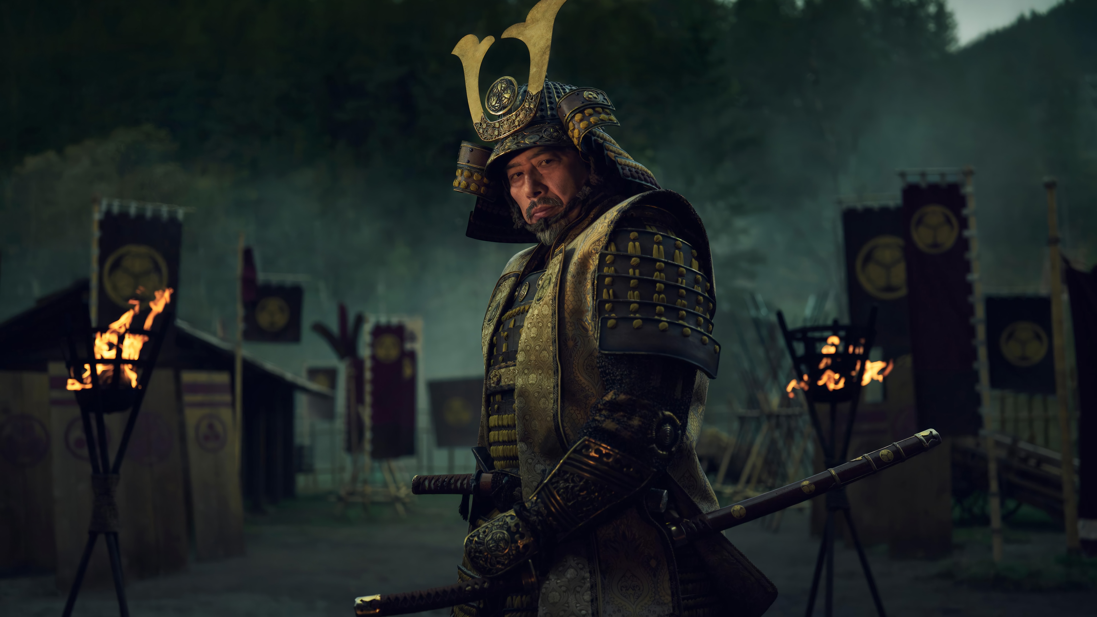 Samurai in armor with swords and banners HD Wallpaper