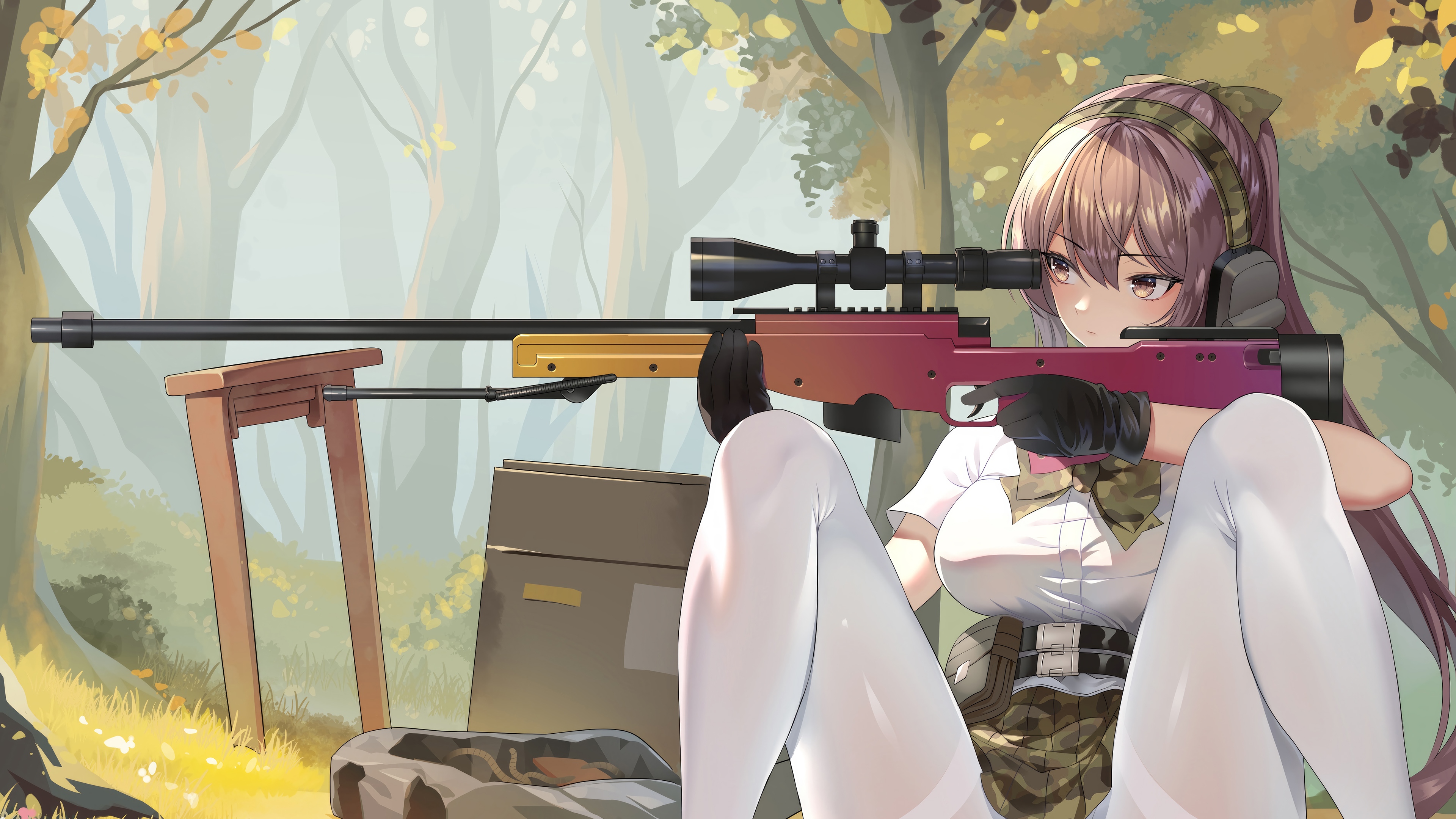 Anime Girl with Sniper Rifle in Forest HD Wallpaper