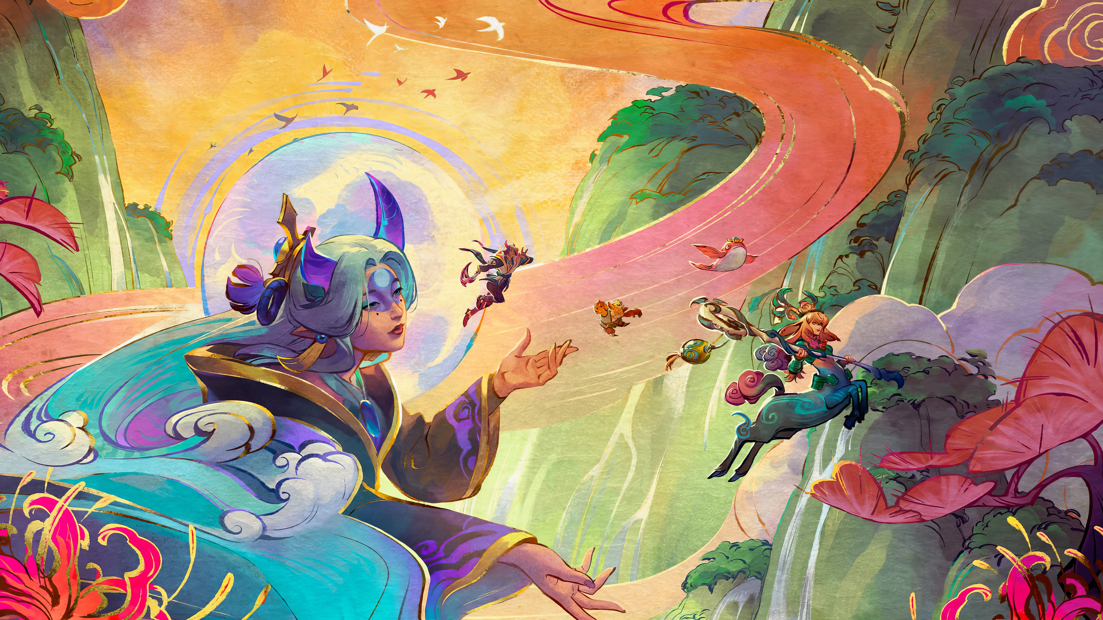 Alune and companions in a mystical landscape HD Wallpaper