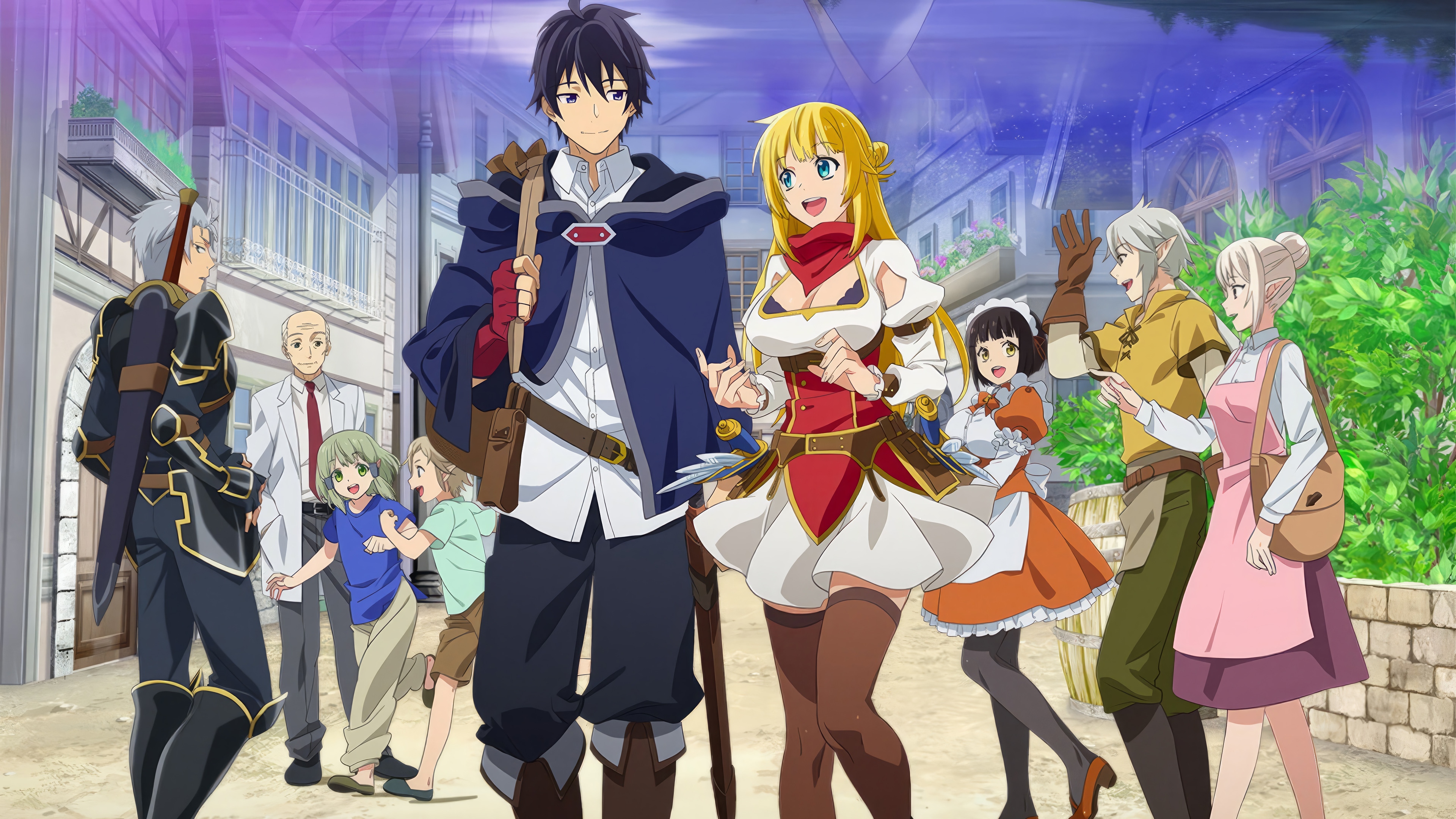 Anime characters in a town square HD Wallpaper