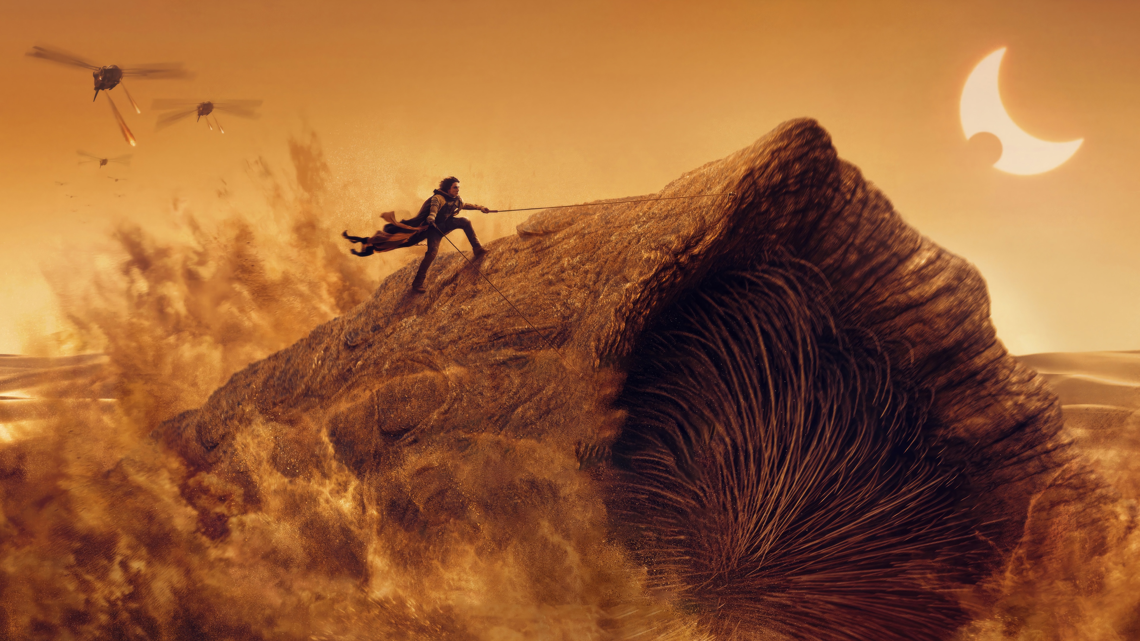Paul Atreides on a Sandworm in Dune: Part 2 4K HD Wallpaper