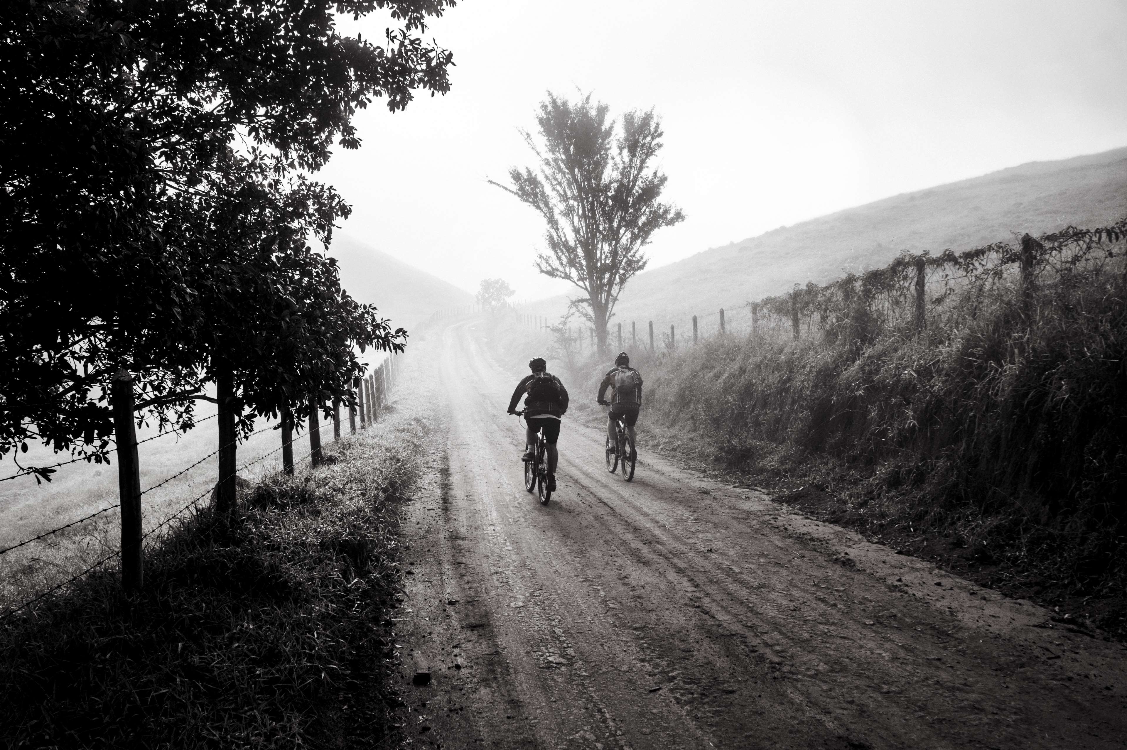 Two people cycling on a foggy dirt road HD Wallpaper