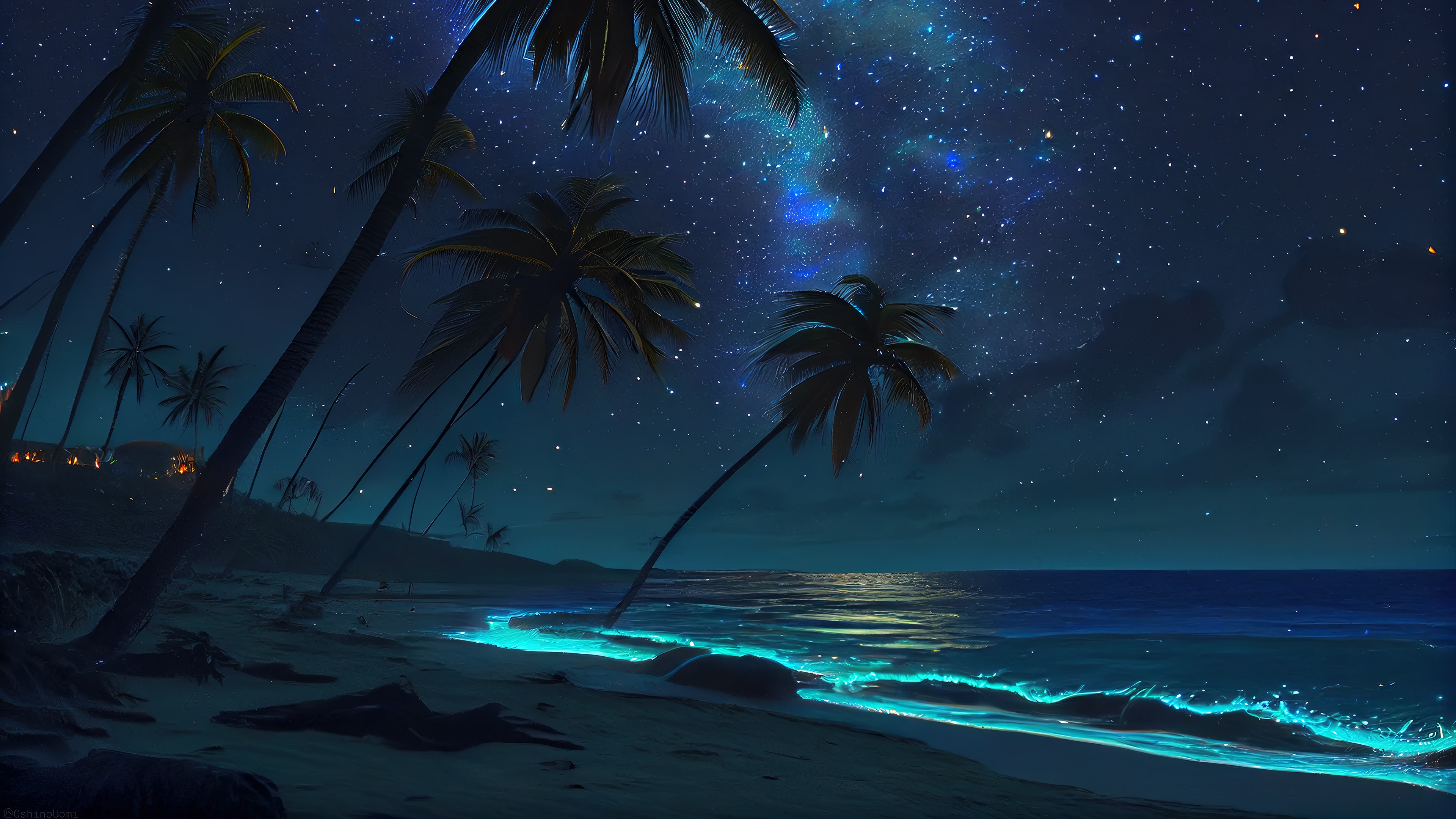 Beach at Night with Palm Trees and Stars 4K HD Wallpaper