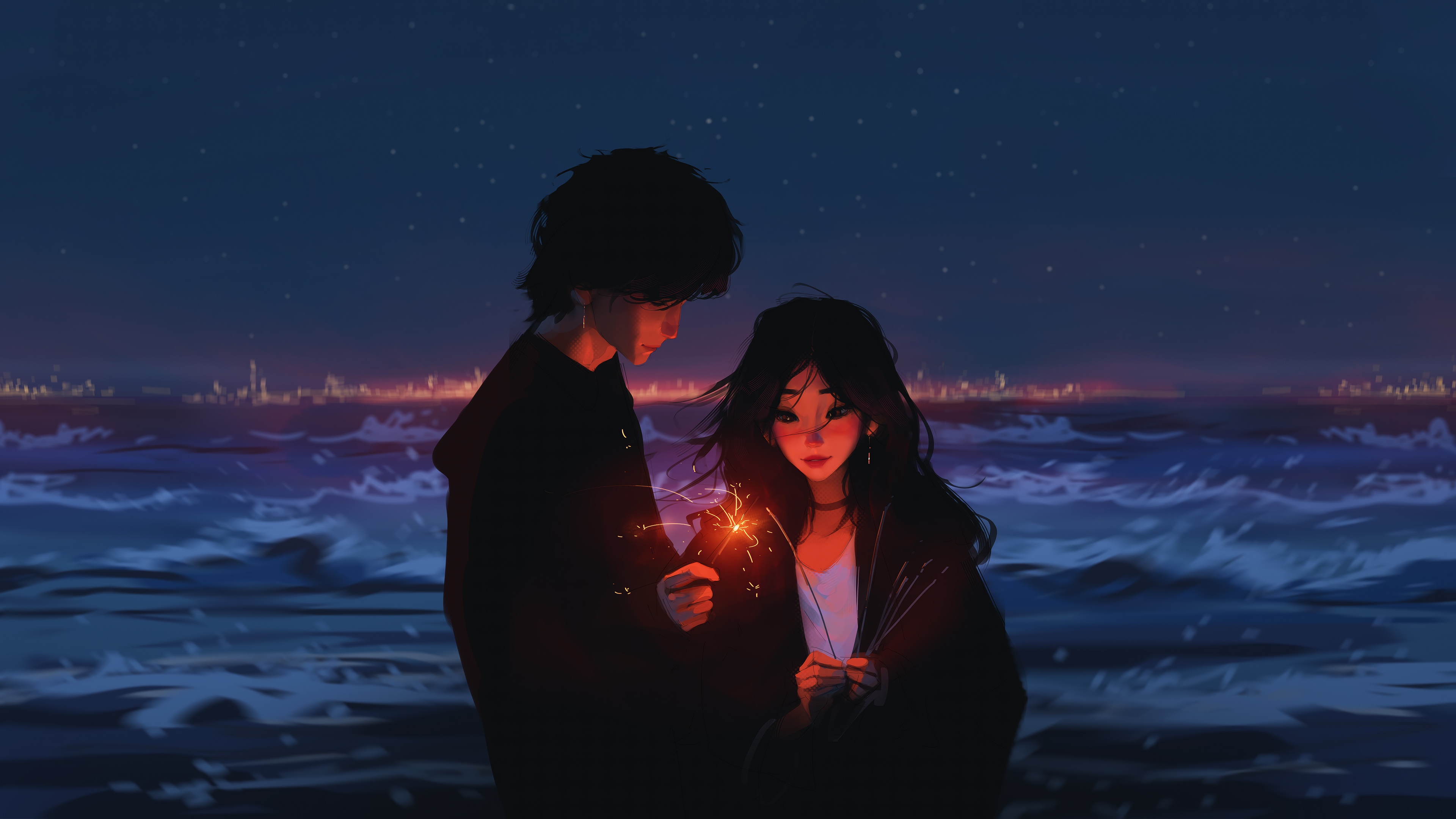 Couple with Sparklers on Beach at Night 4K HD Wallpaper