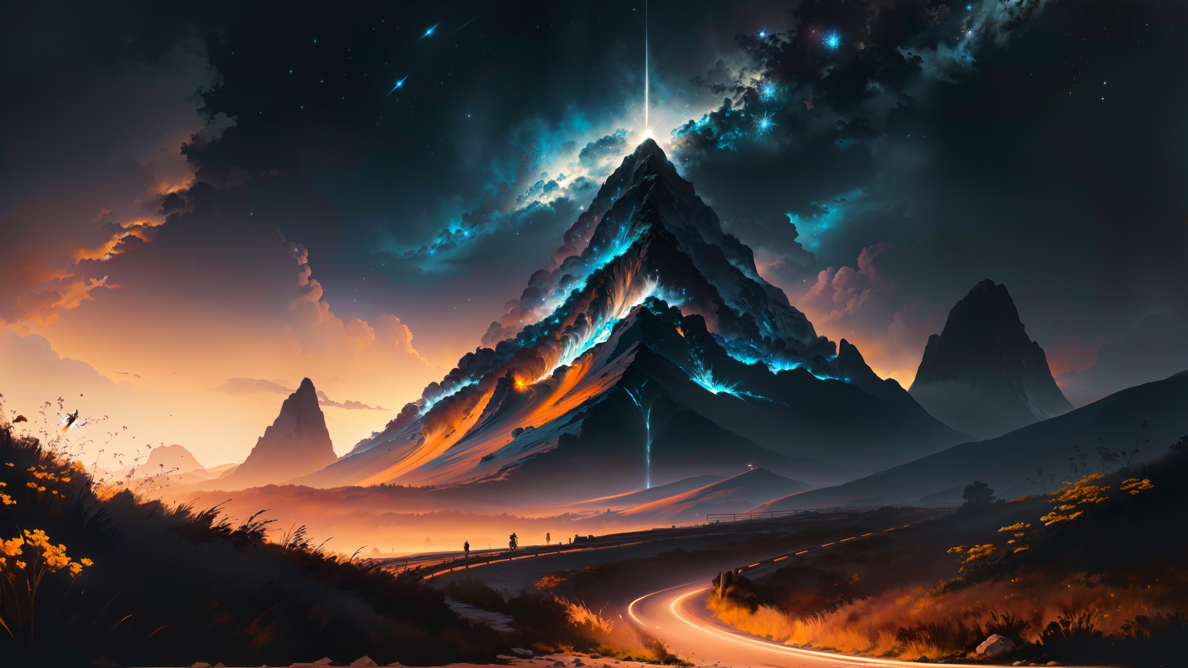 Digital Art Mountain Scenery with Road and Clouds 4K HD Wallpaper