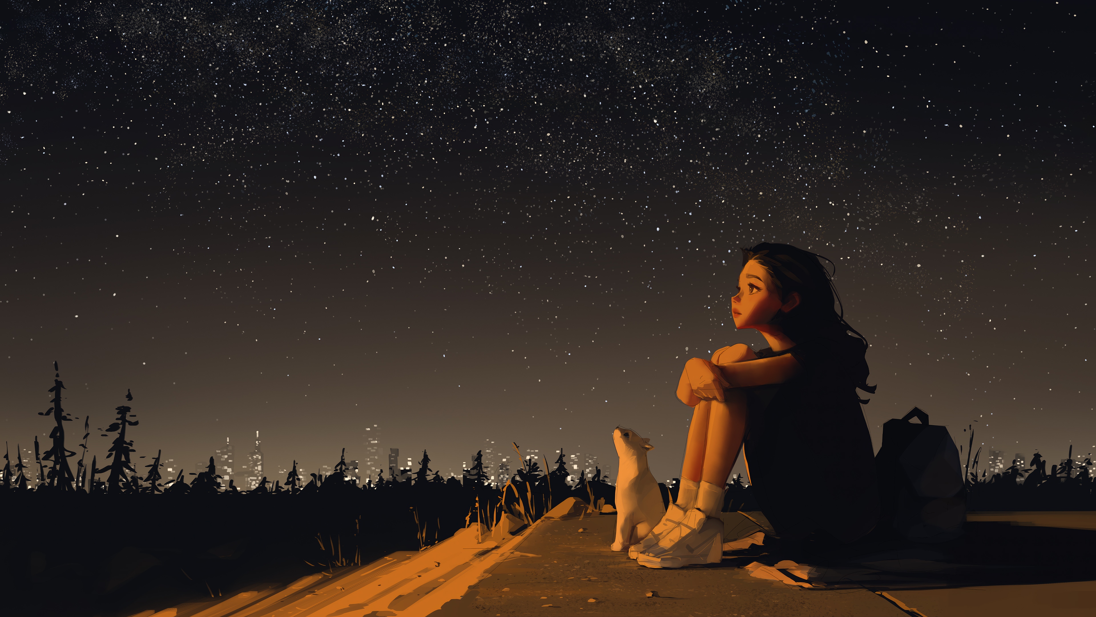 Girl and cat watching the starry night sky HD Wallpaper