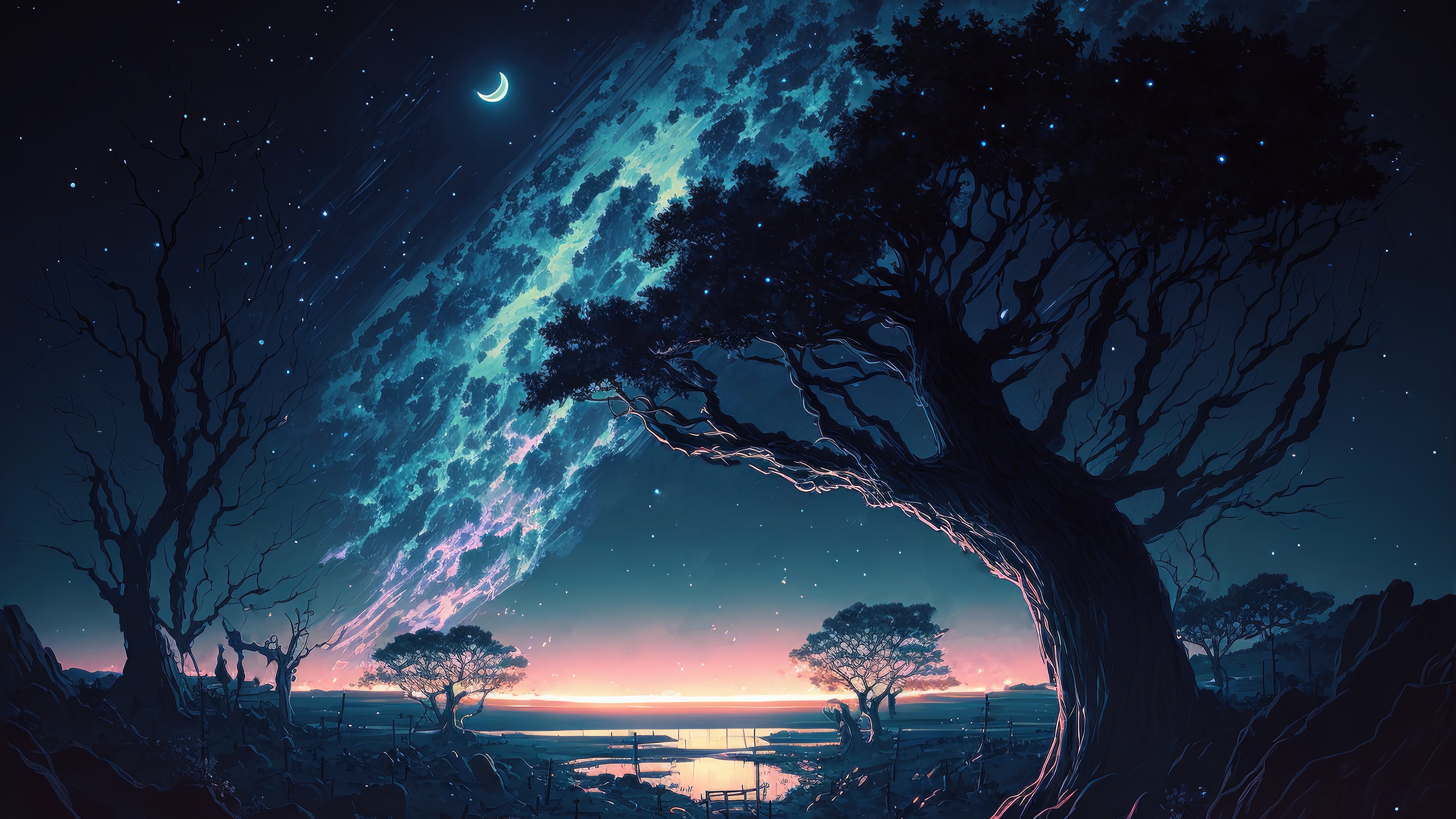 Starry Night Sky with Trees and Moon 4K HD Wallpaper