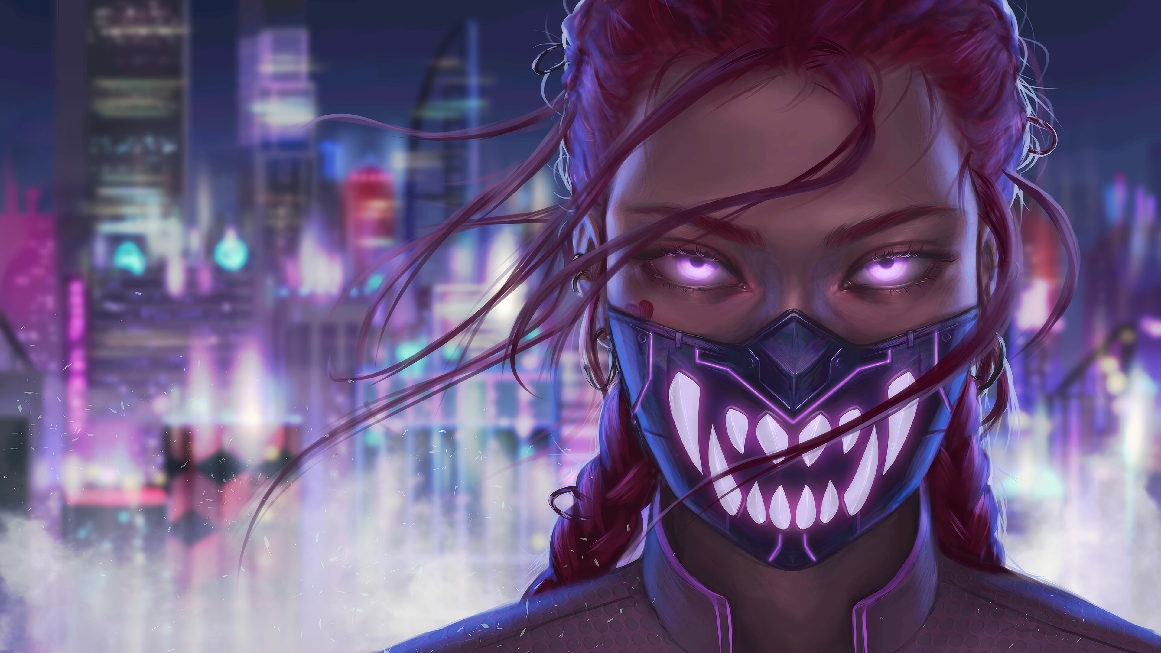 Cyberpunk Girl with Glowing Mask in City HD Wallpaper
