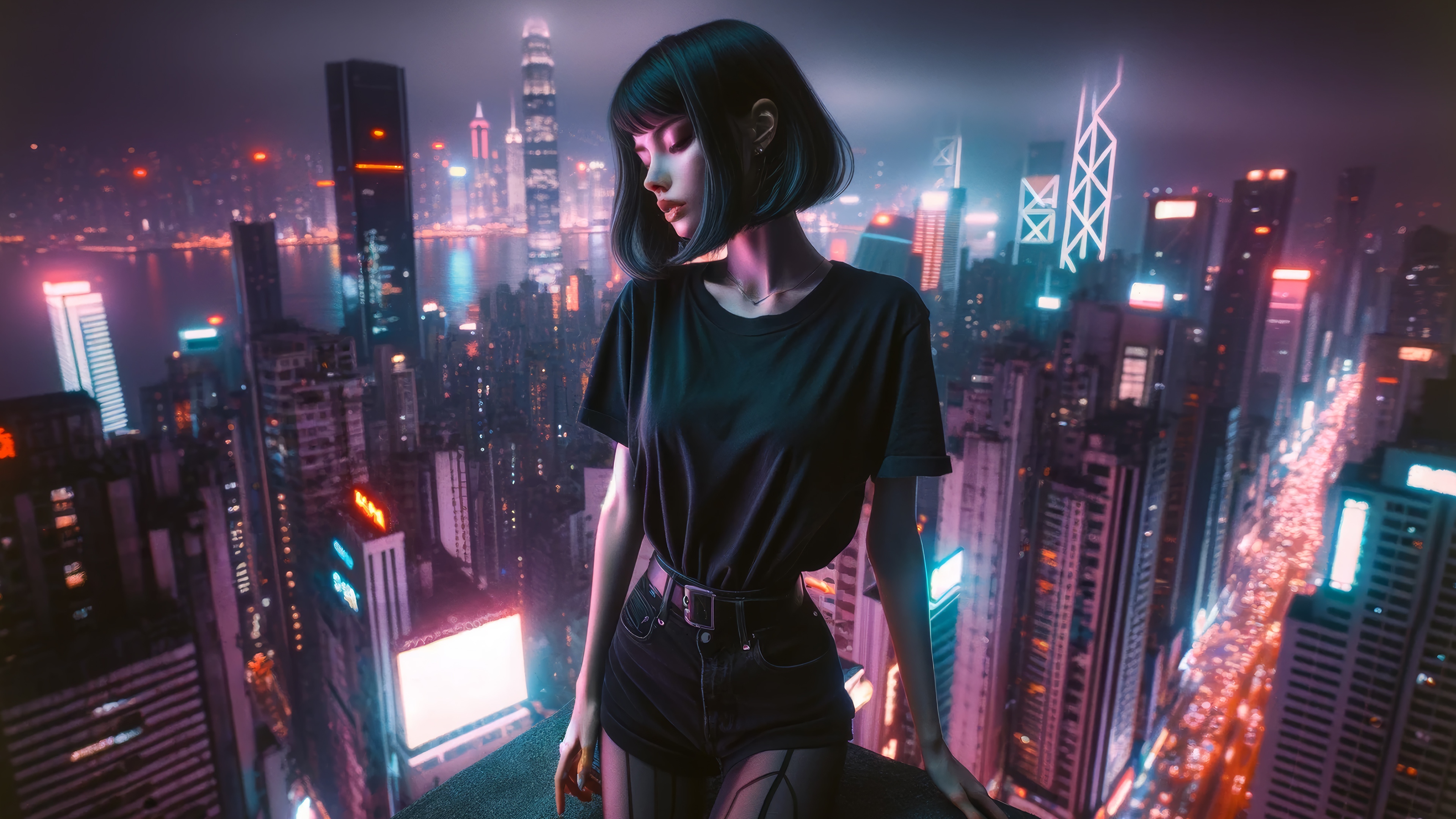 Girl in a cyberpunk city at night 4K HD Wallpaper