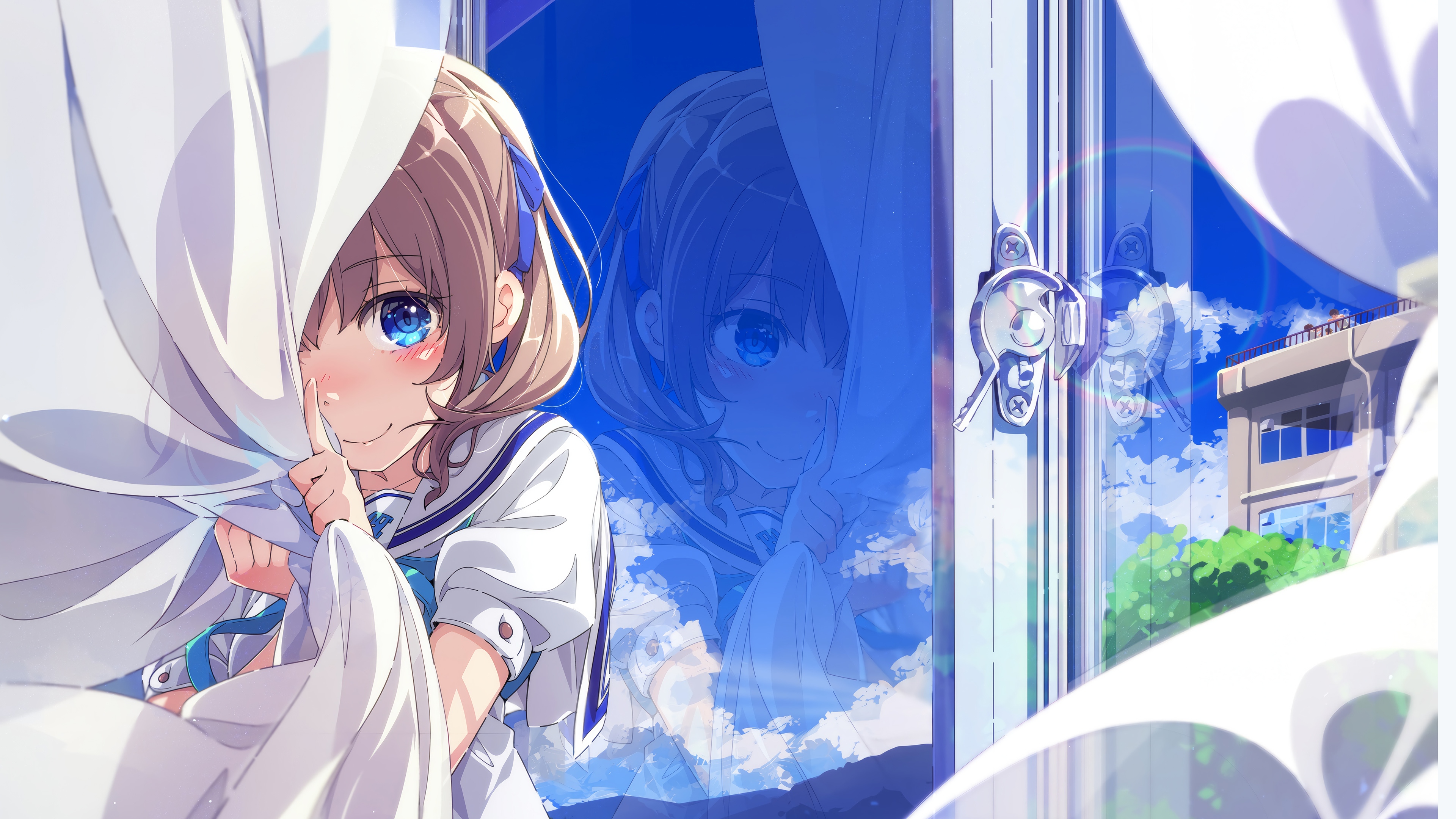 Shy Anime Girl Peeking Through Curtains HD Wallpaper
