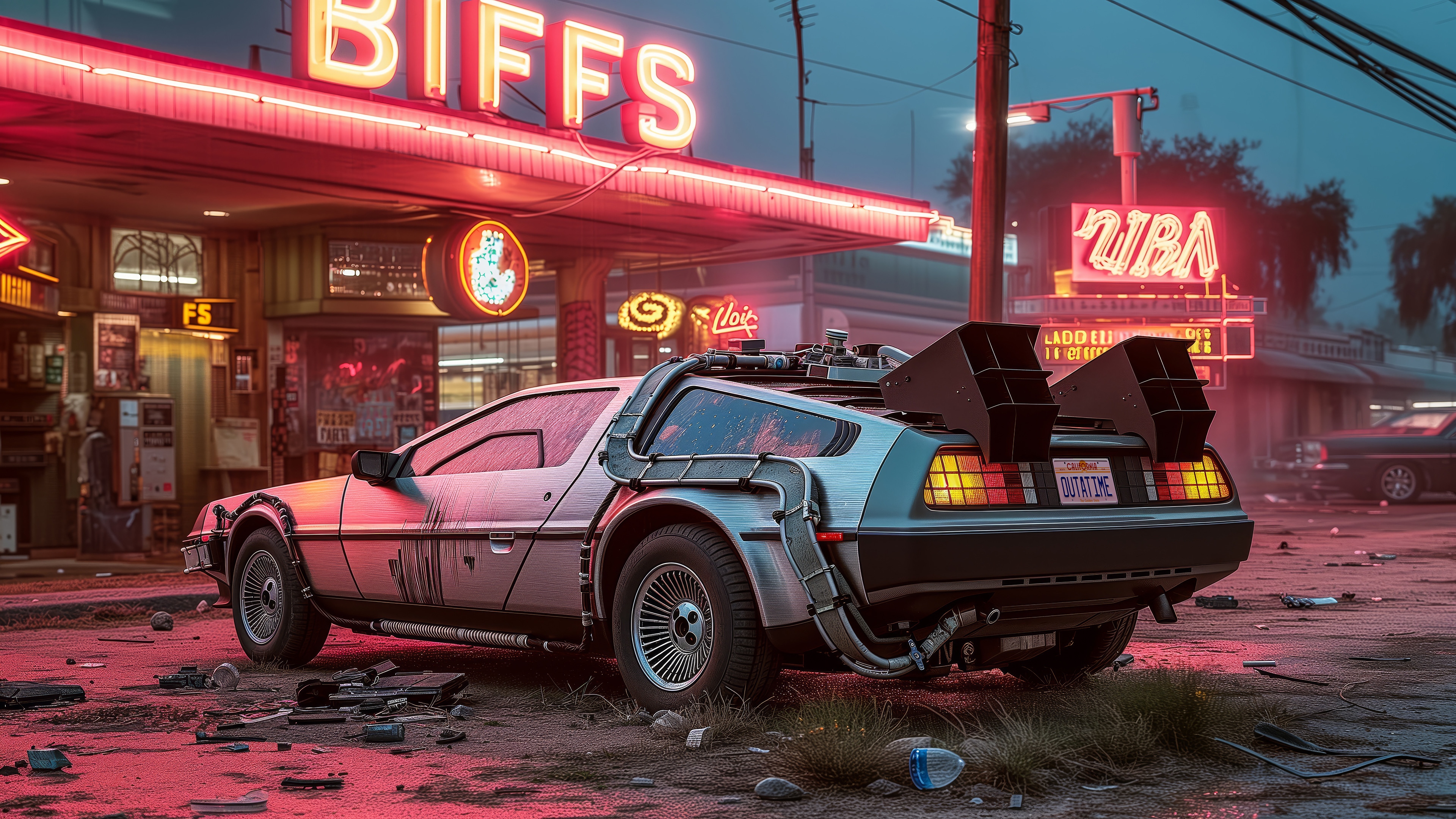 DeLorean Time Machine at a Neon Lit Gas Station HD Wallpaper