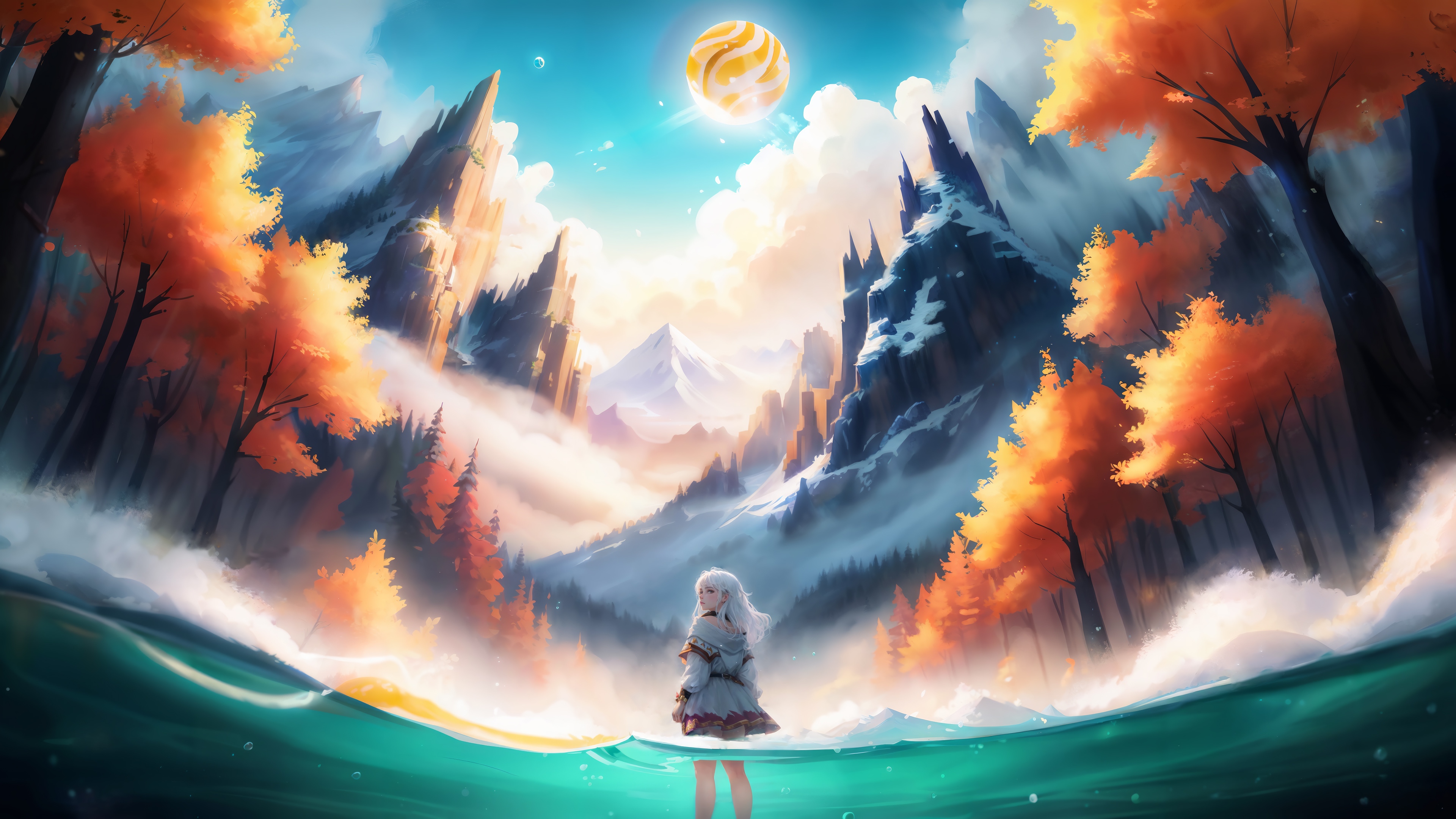Anime girl in a fantasy landscape with mountains and autumn trees HD Wallpaper