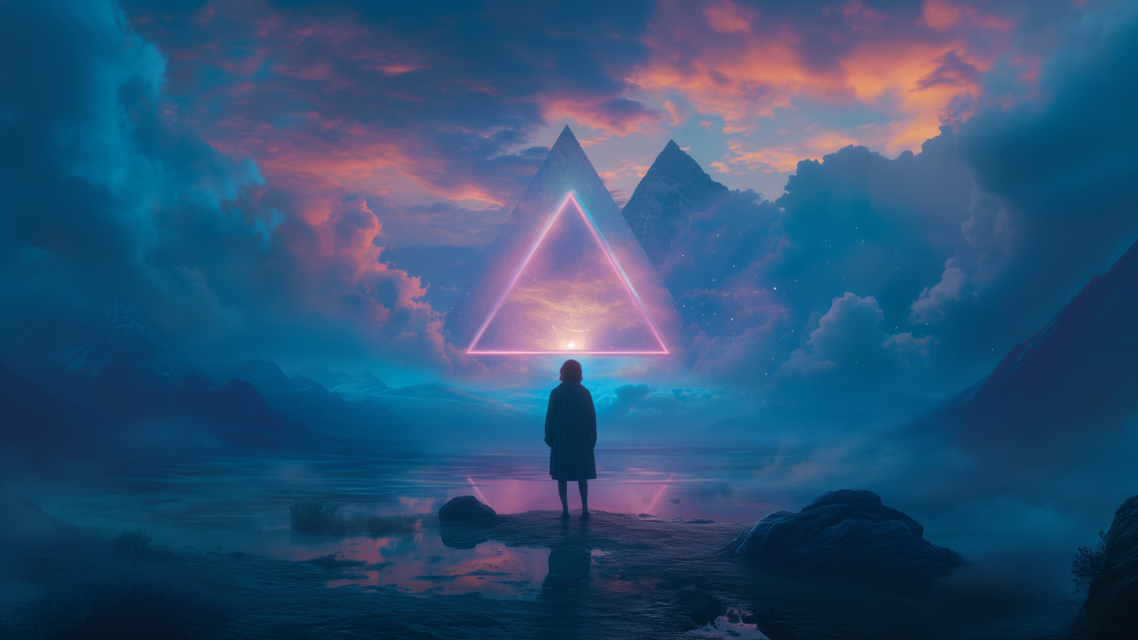 Person standing before a glowing triangle in a cloudy landscape 4K HD Wallpaper