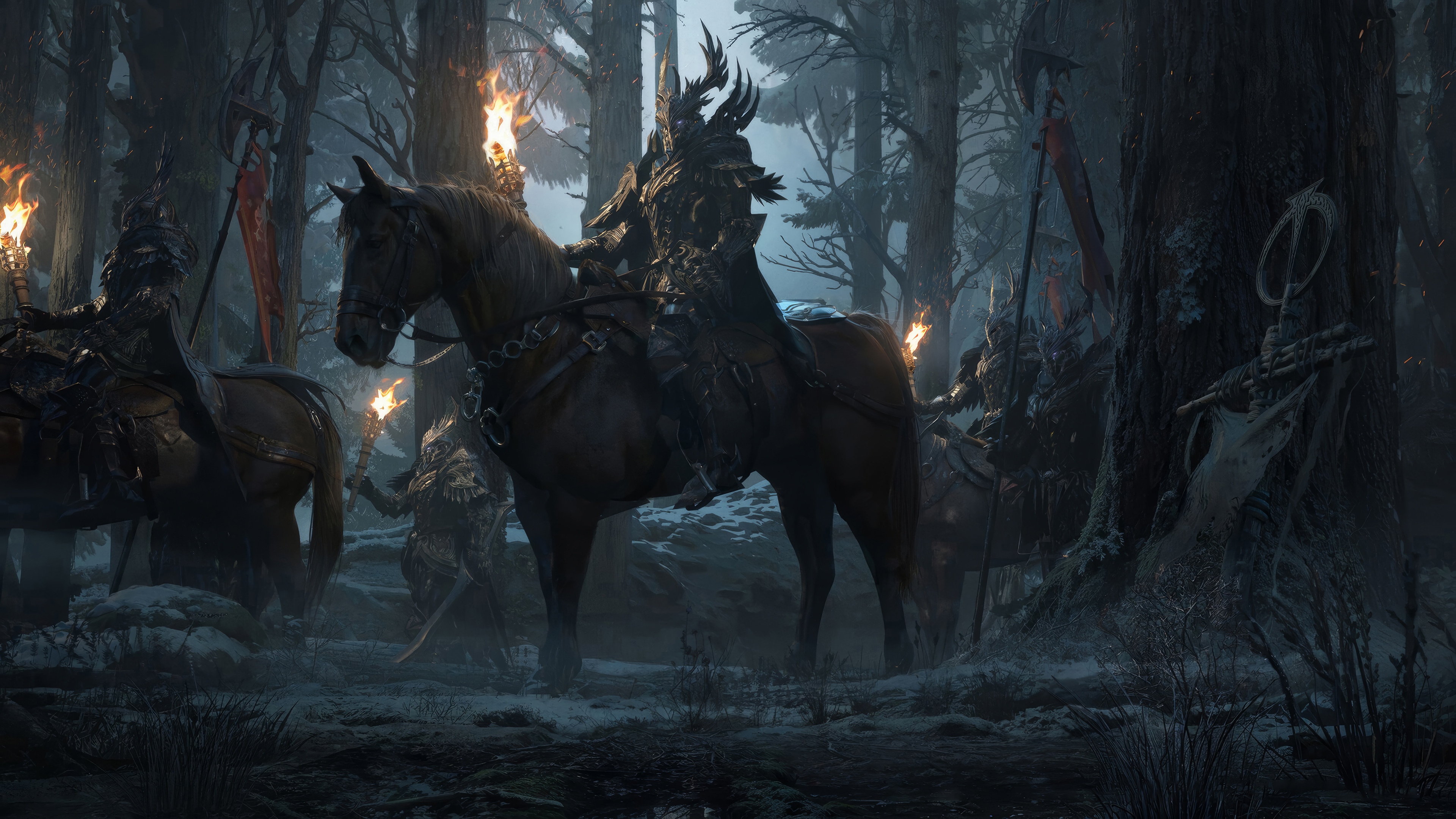Fantasy Army of Warriors on Horseback in Forest 4K HD Wallpaper