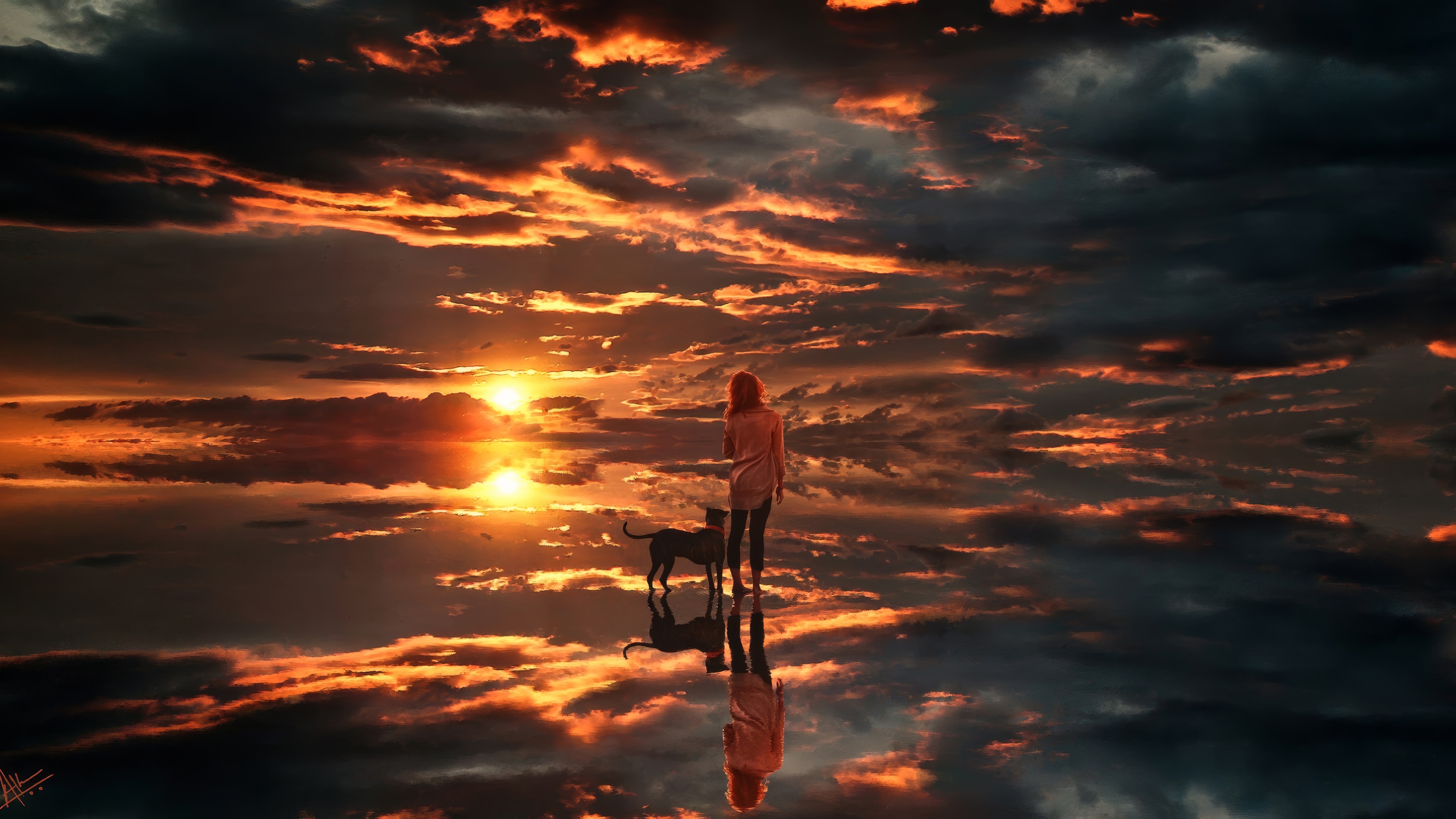 Girl and Dog on Reflective Surface at Sunset 4K HD Wallpaper