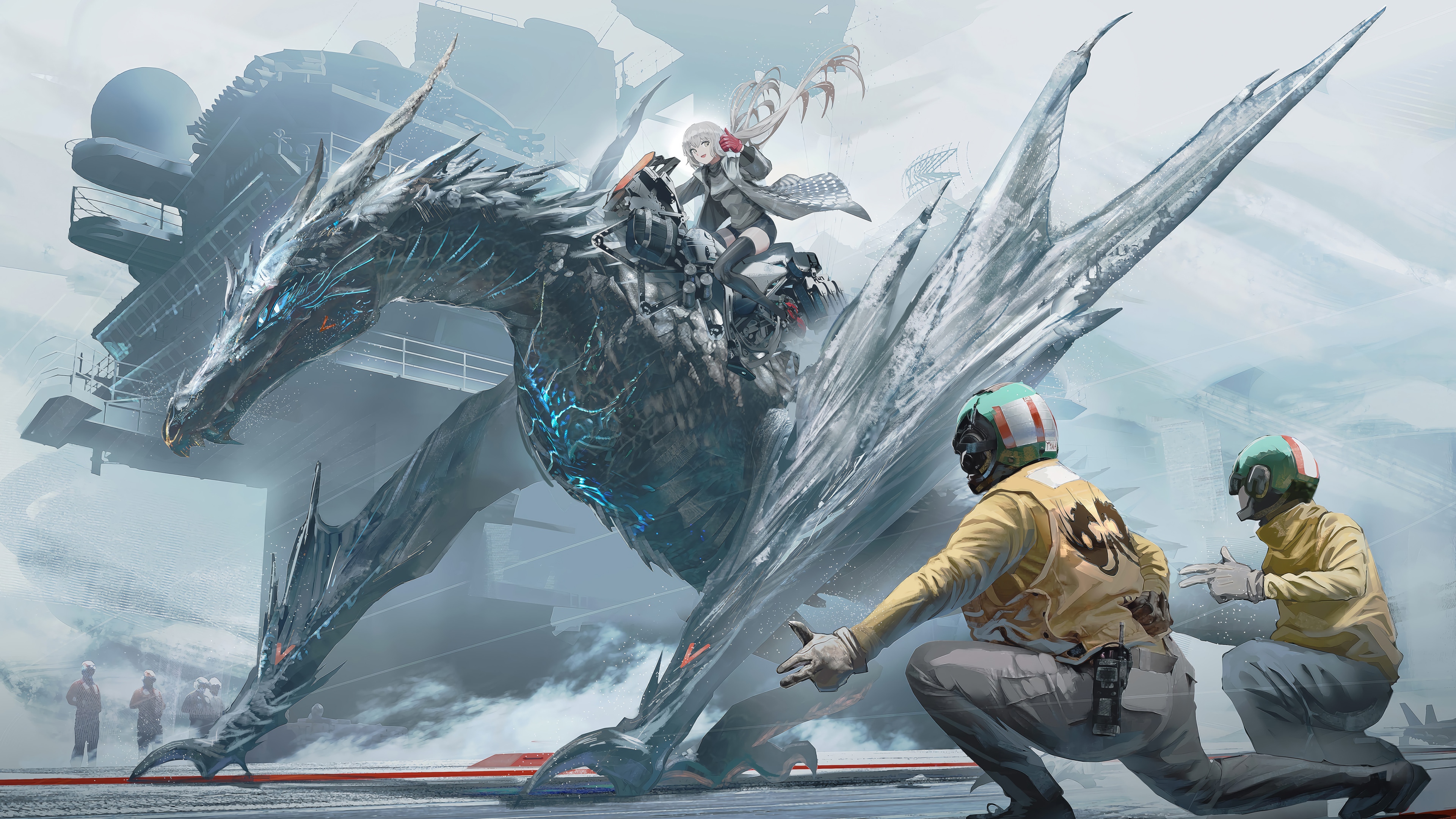 Girl riding a dragon on an aircraft carrier HD Wallpaper