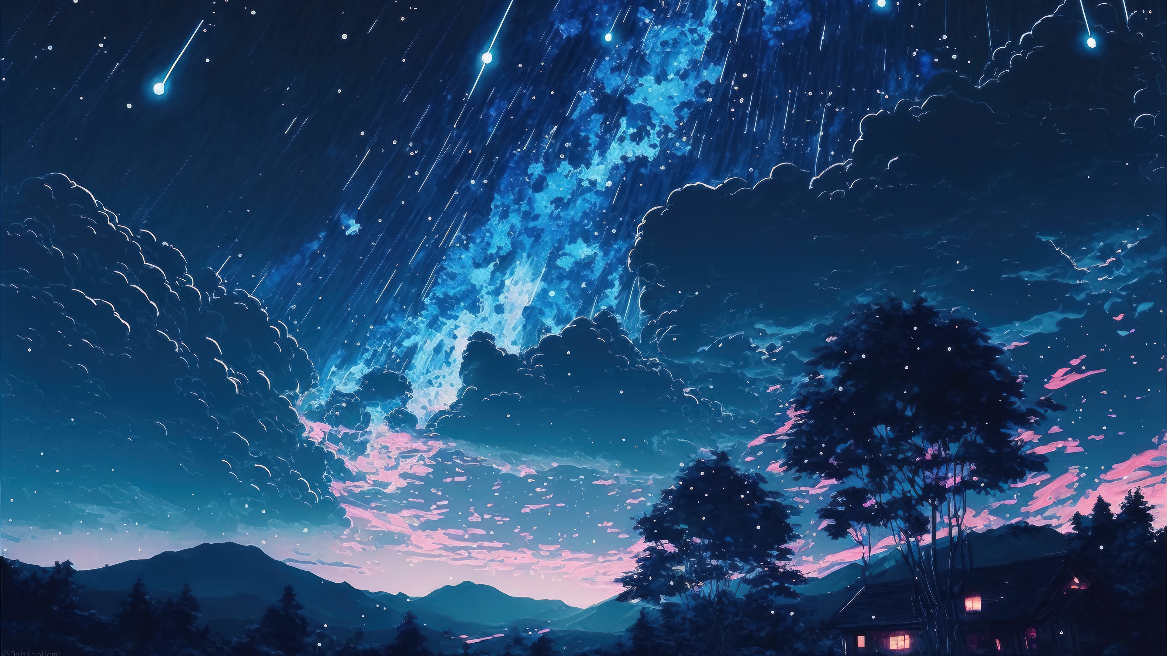 Anime Night Sky with Shooting Stars and Clouds 4K HD Wallpaper