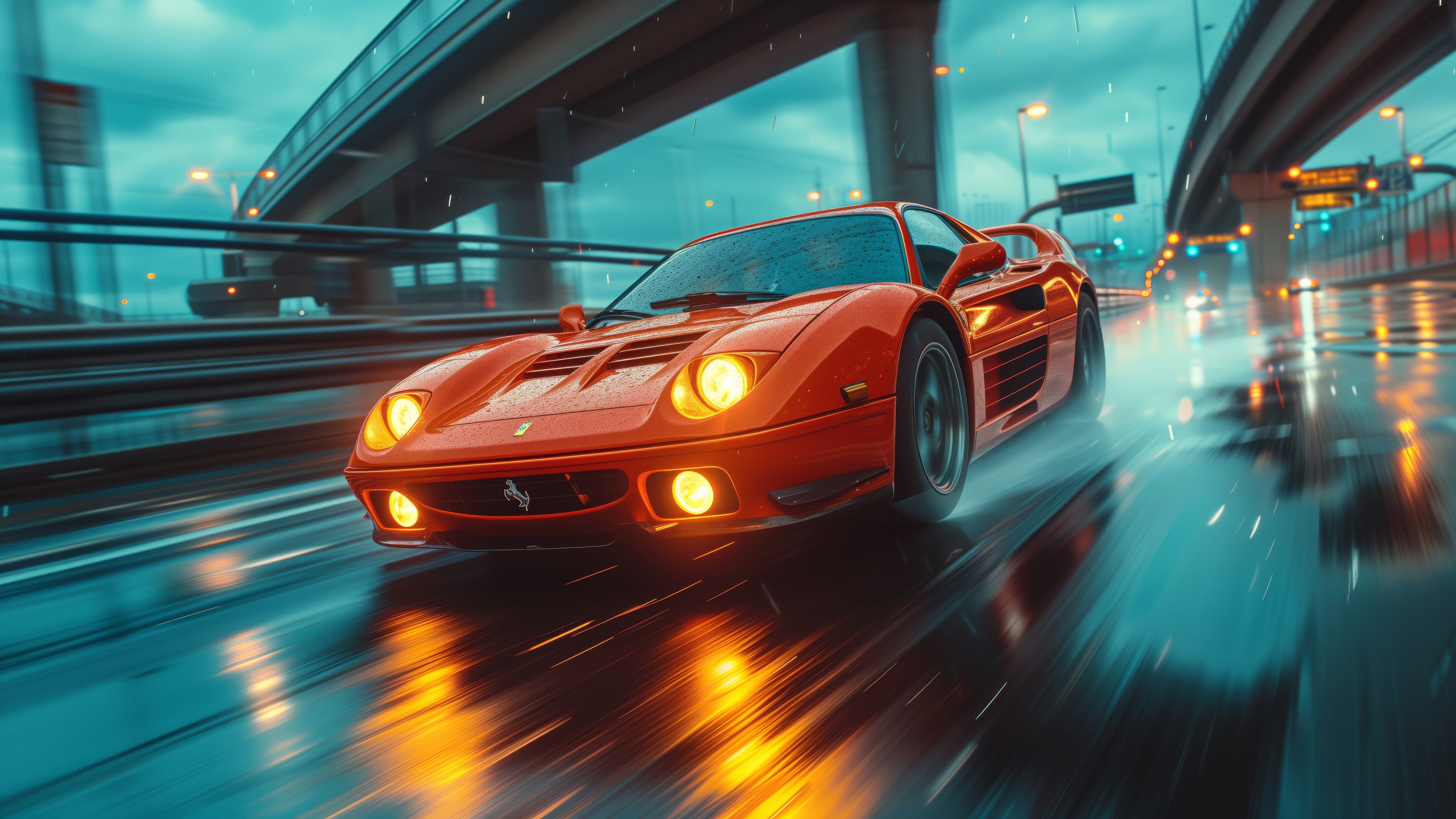 Red Ferrari F40 Driving on Wet Road 4K HD Wallpaper