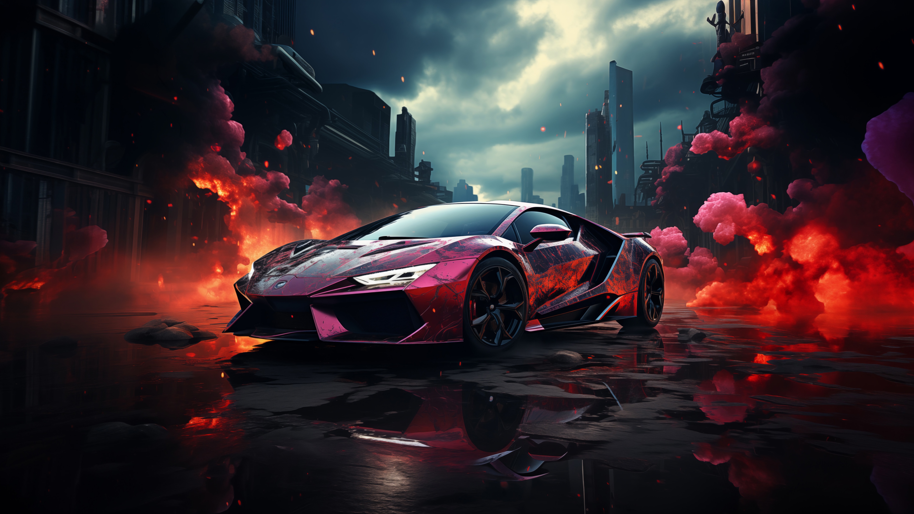 Red Sports Car in Smoke 4K HD Wallpaper