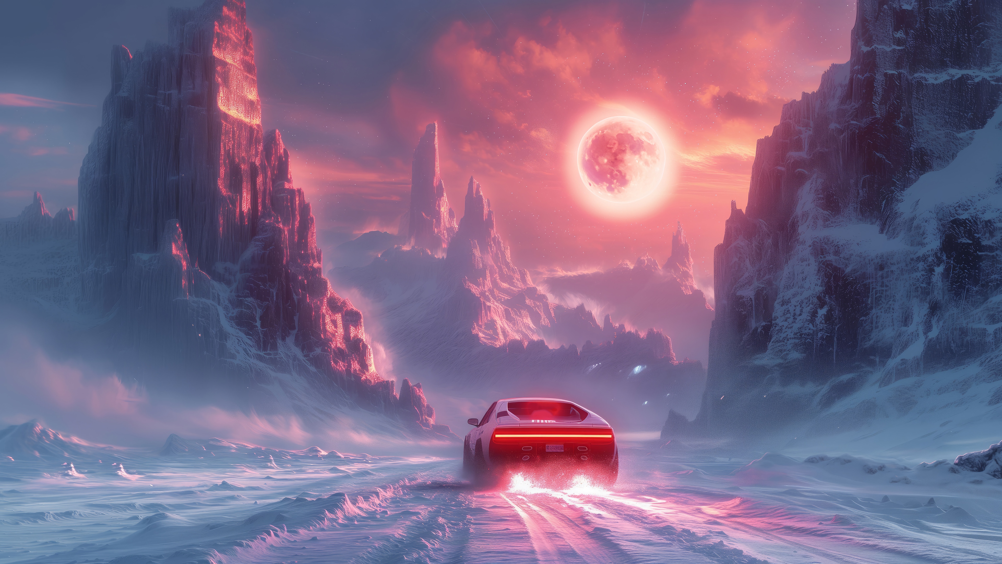 Sports Car Driving Through Snowy Mountains Under a Red Moon 4K HD Wallpaper