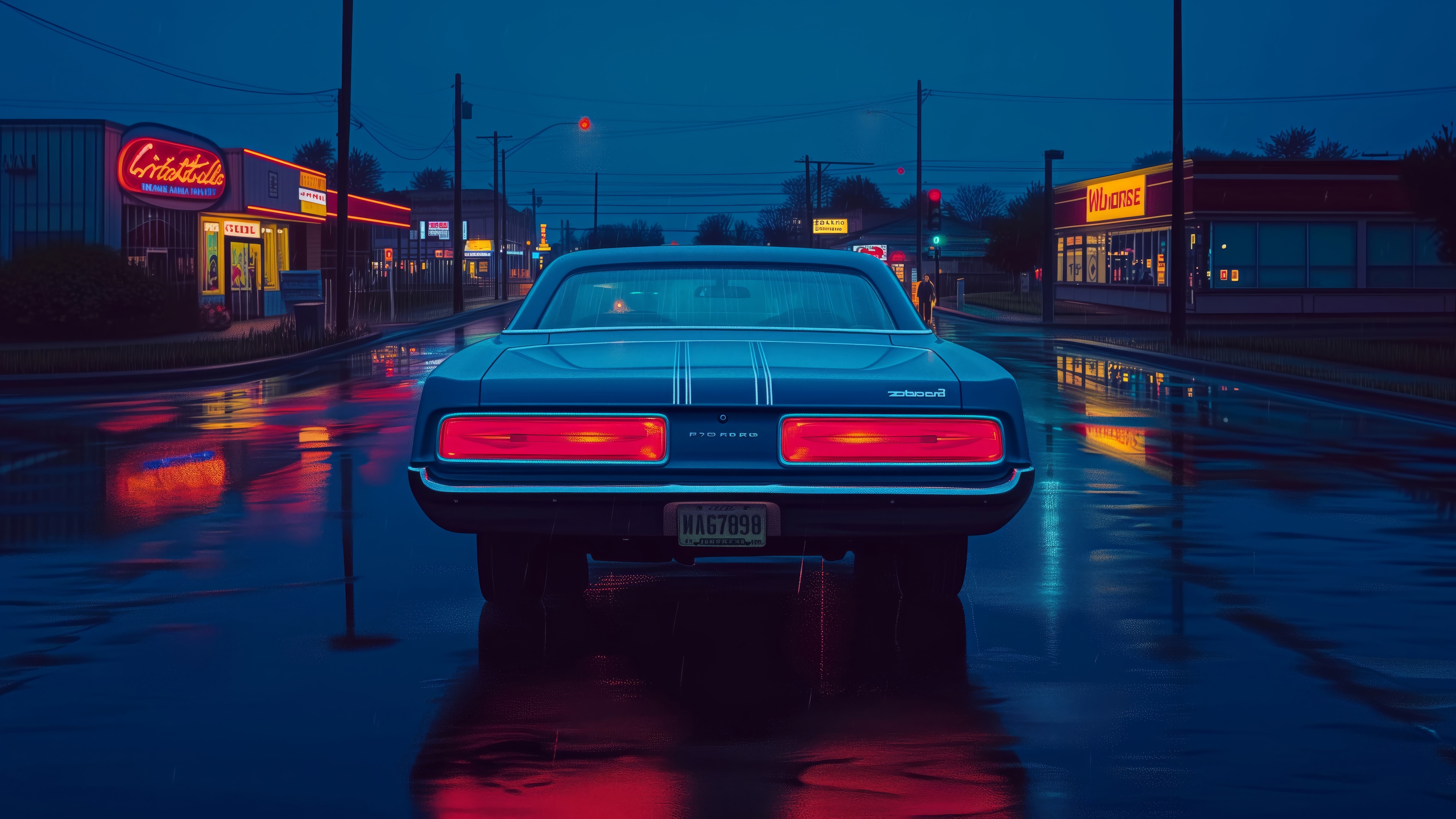Blue Muscle Car on a Wet Road at Night HD Wallpaper