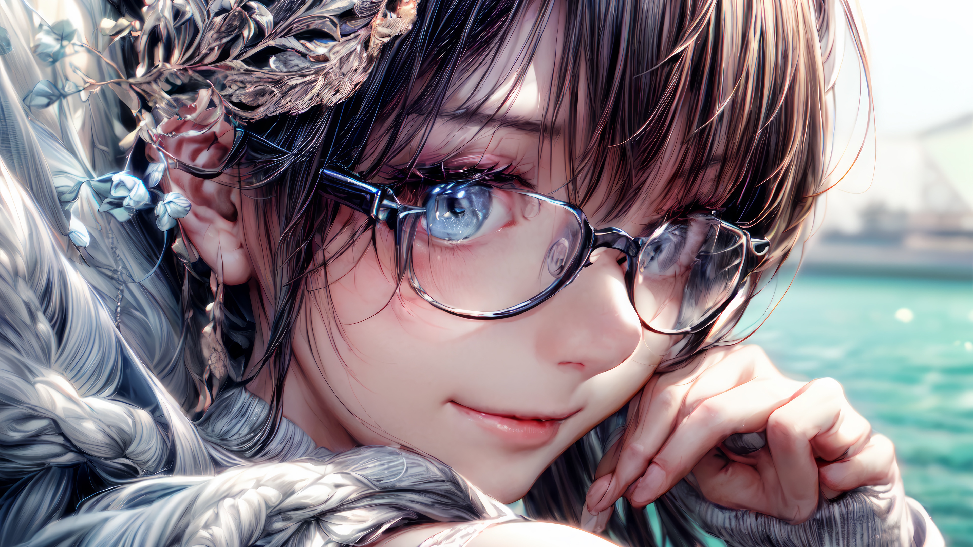 Anime Girl with Glasses and Ornate Headpiece HD Wallpaper