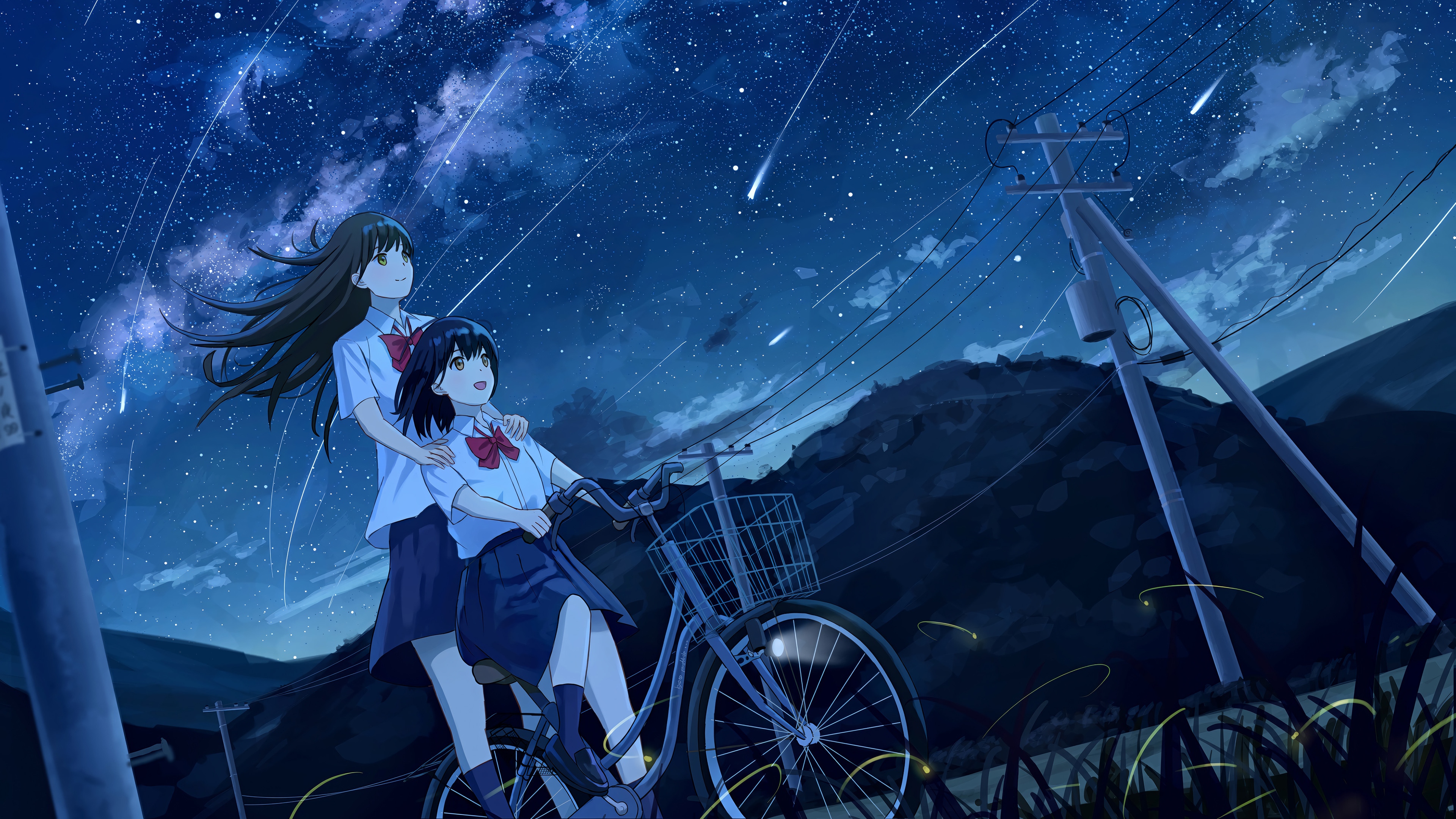 Anime Girls Watching Shooting Stars on a Bike at Night 4K HD Wallpaper