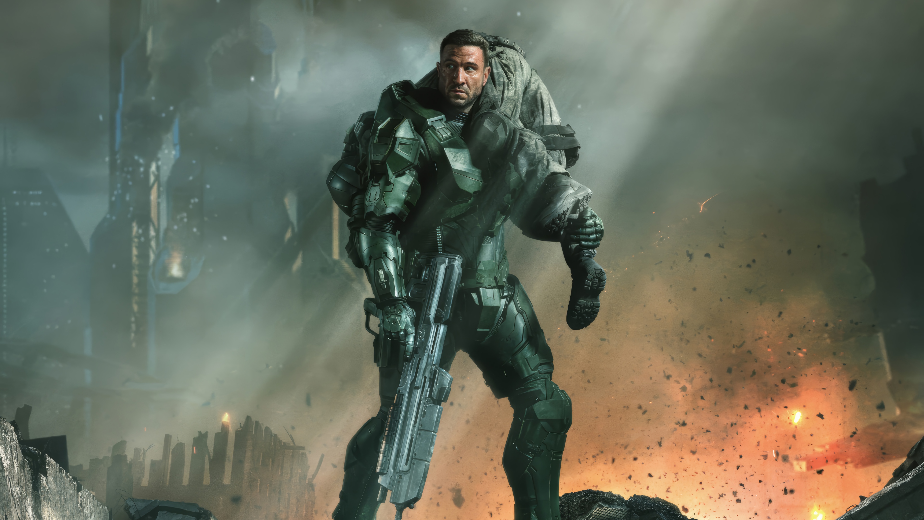 Master Chief carrying a person in Halo 4K HD Wallpaper