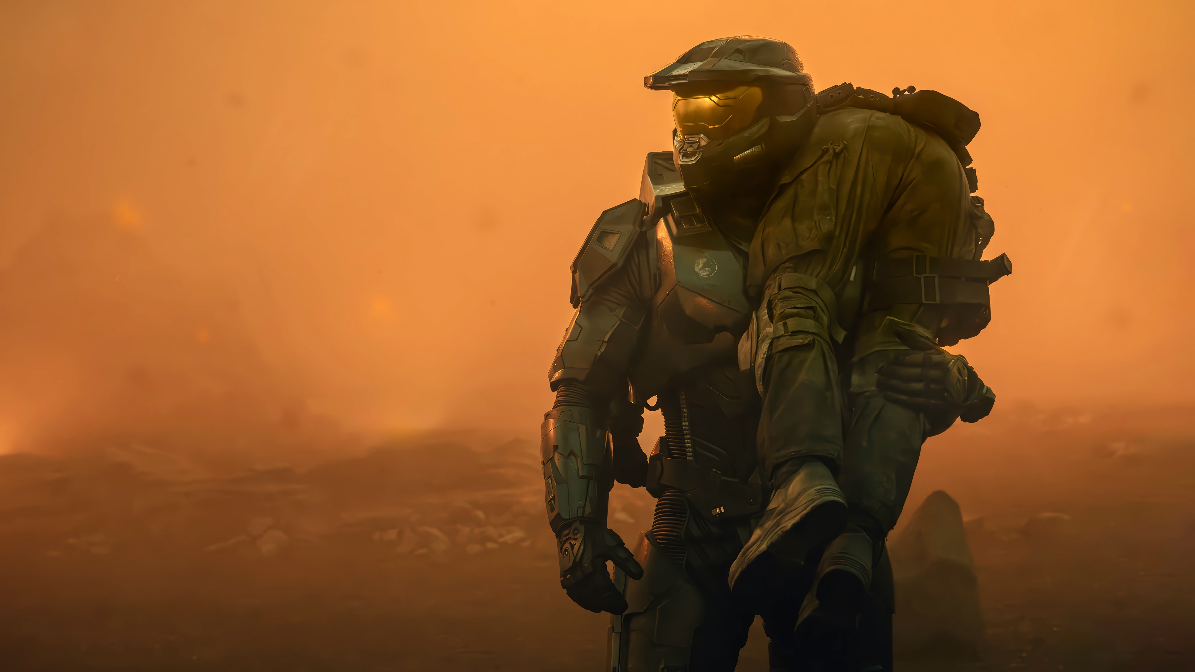 Master Chief carrying a soldier in Halo 4K HD Wallpaper