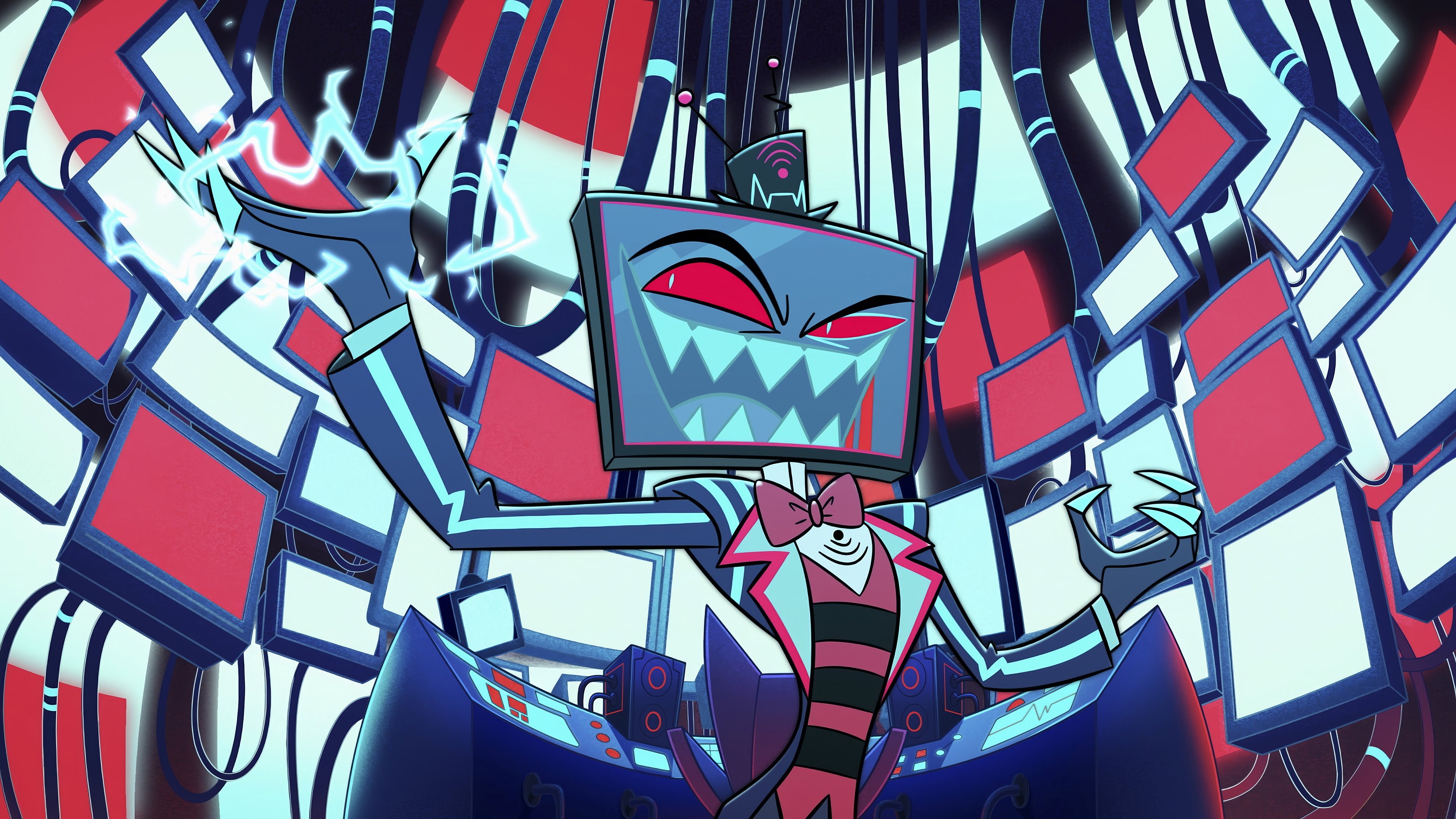 Vox from Hazbin Hotel surrounded by monitors HD Wallpaper